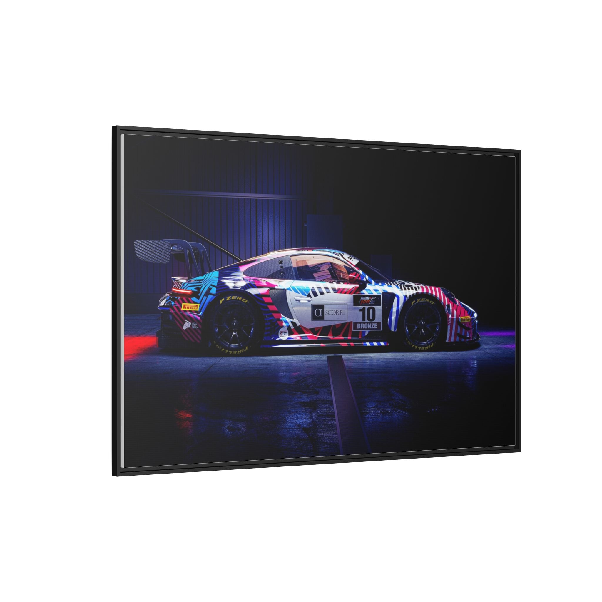 Framed Matte Canvas Print — Neon Racecar Wall Art