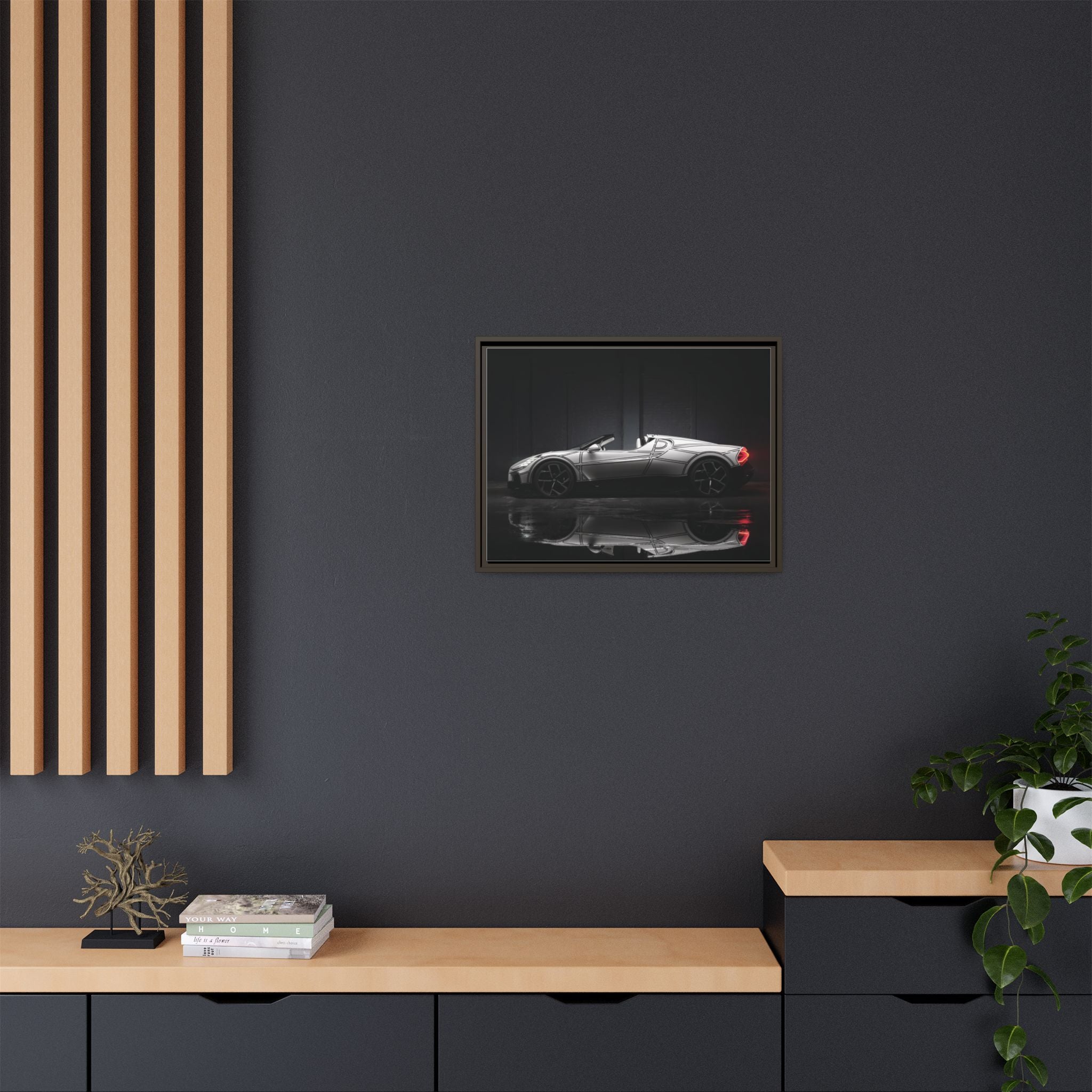 Framed Matte Canvas: Sleek Sports Car Reflection Wall Art