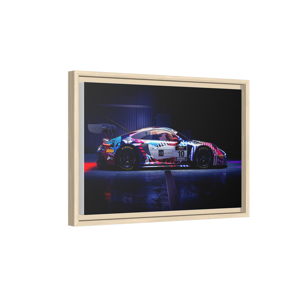 Framed Matte Canvas Print — Neon Racecar Wall Art