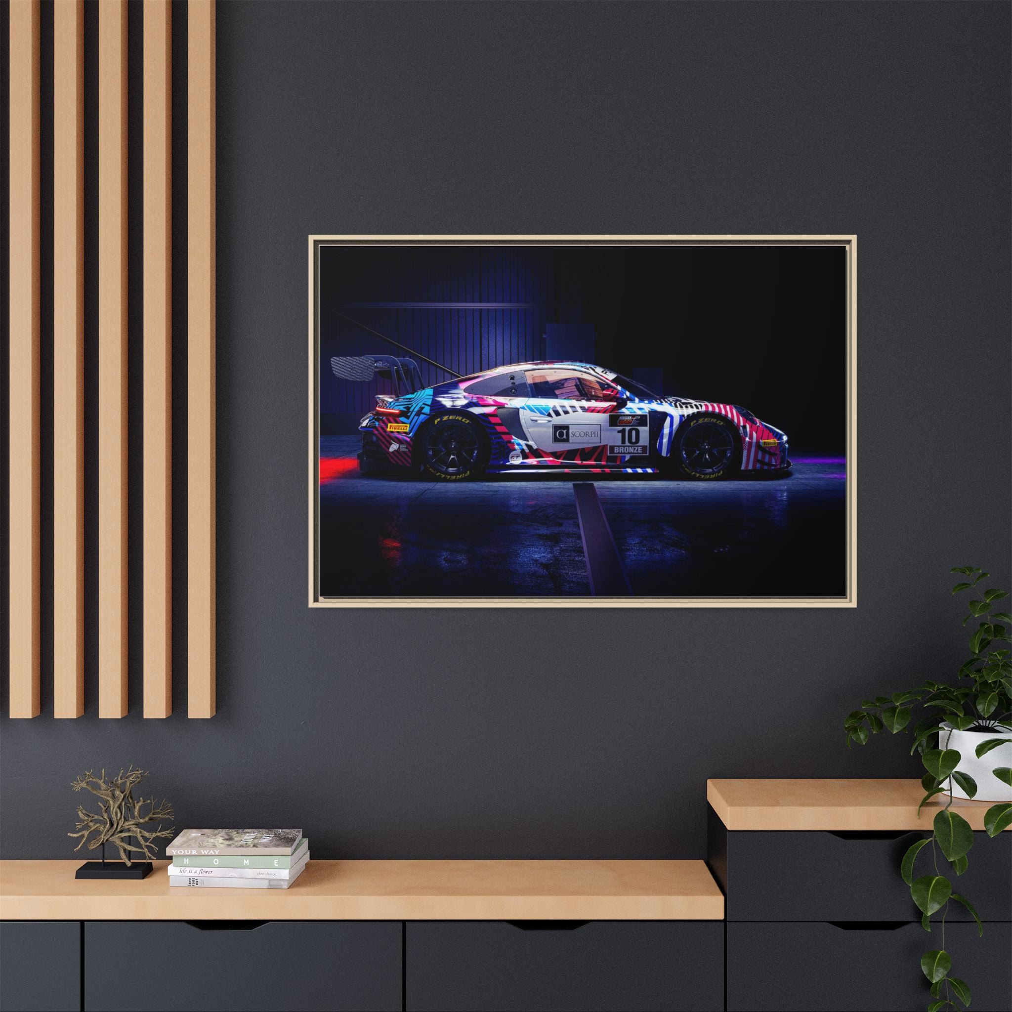 Framed Matte Canvas Print — Neon Racecar Wall Art