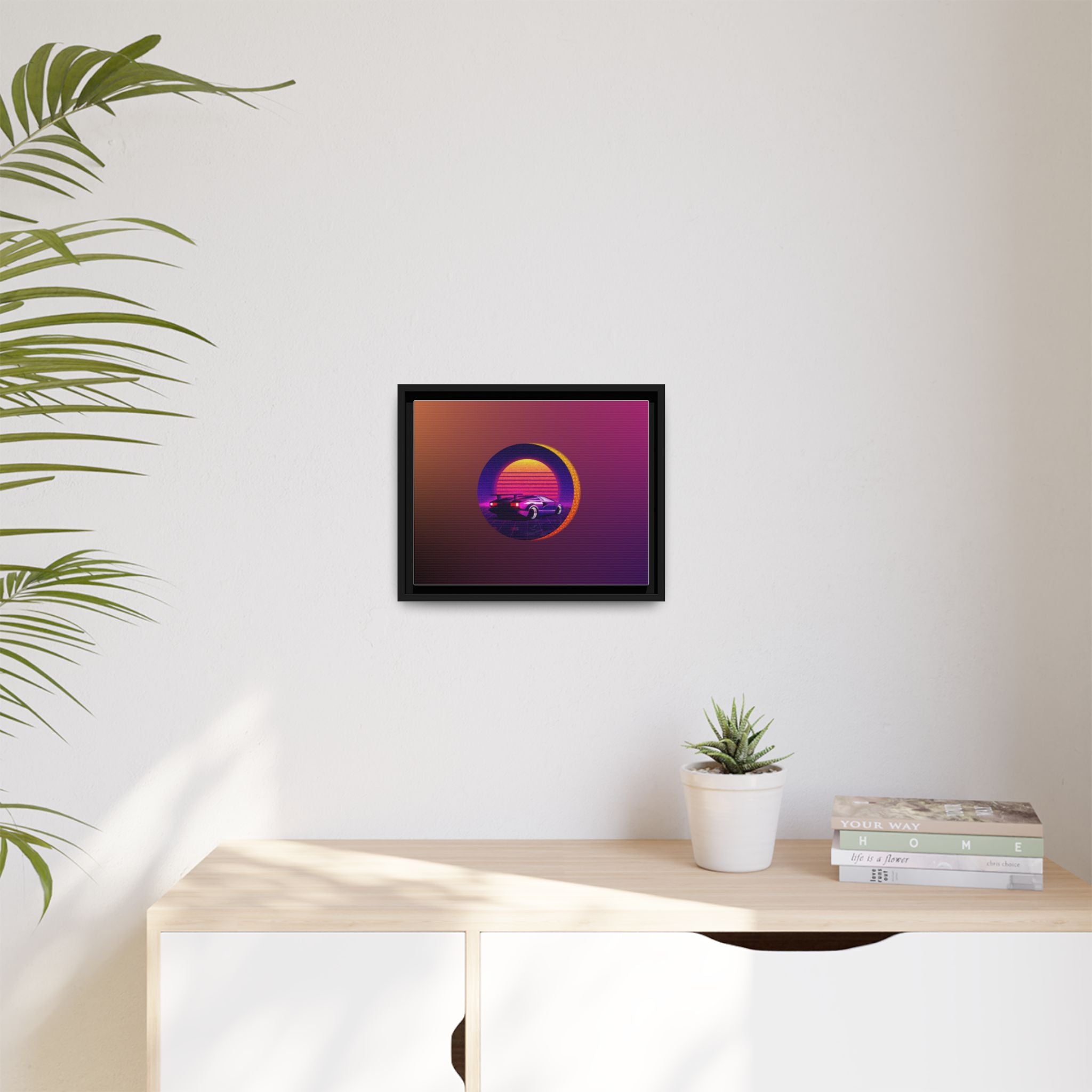 Retro Sunset Sports Car Matte Canvas Framed Wall Art