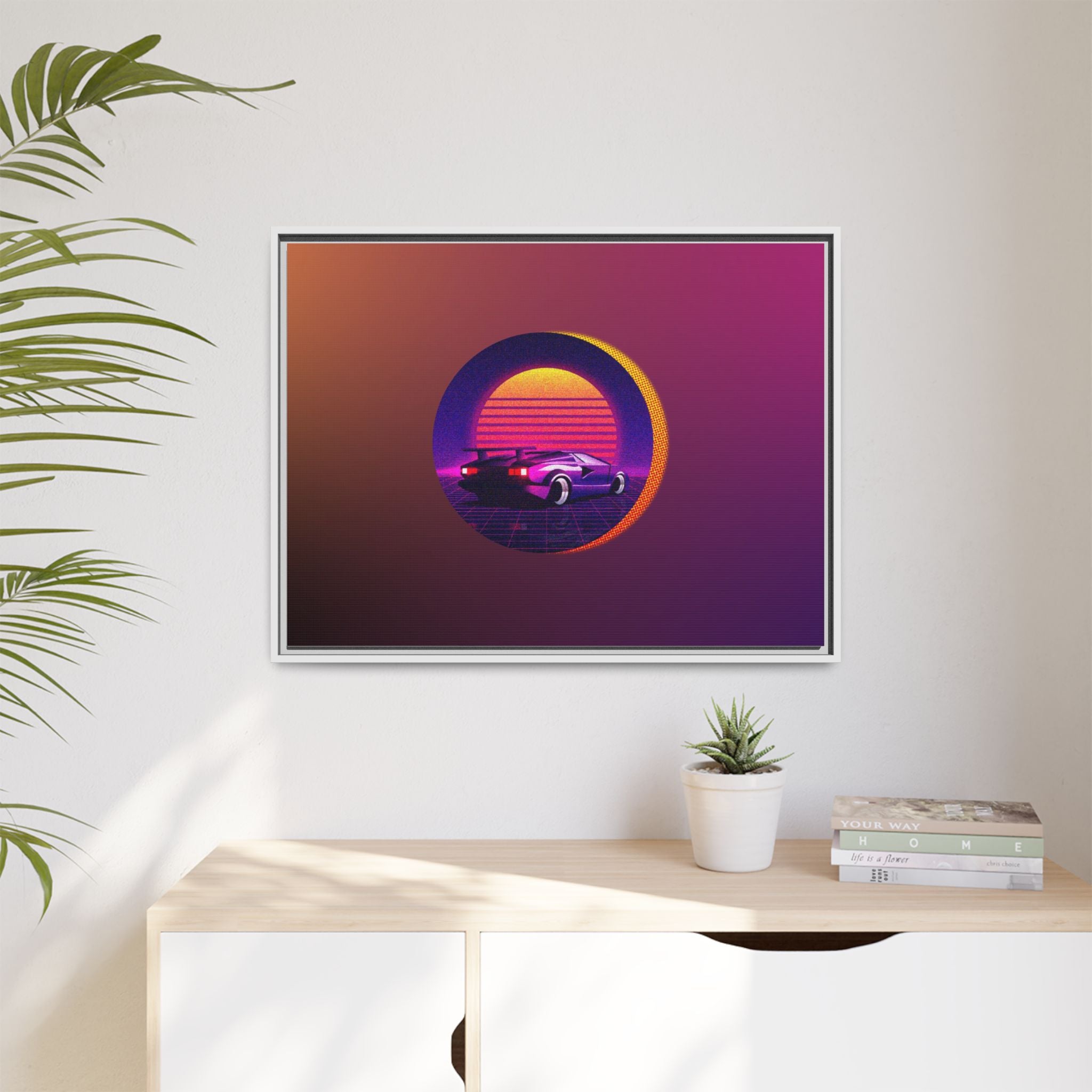 Retro Sunset Sports Car Matte Canvas Framed Wall Art