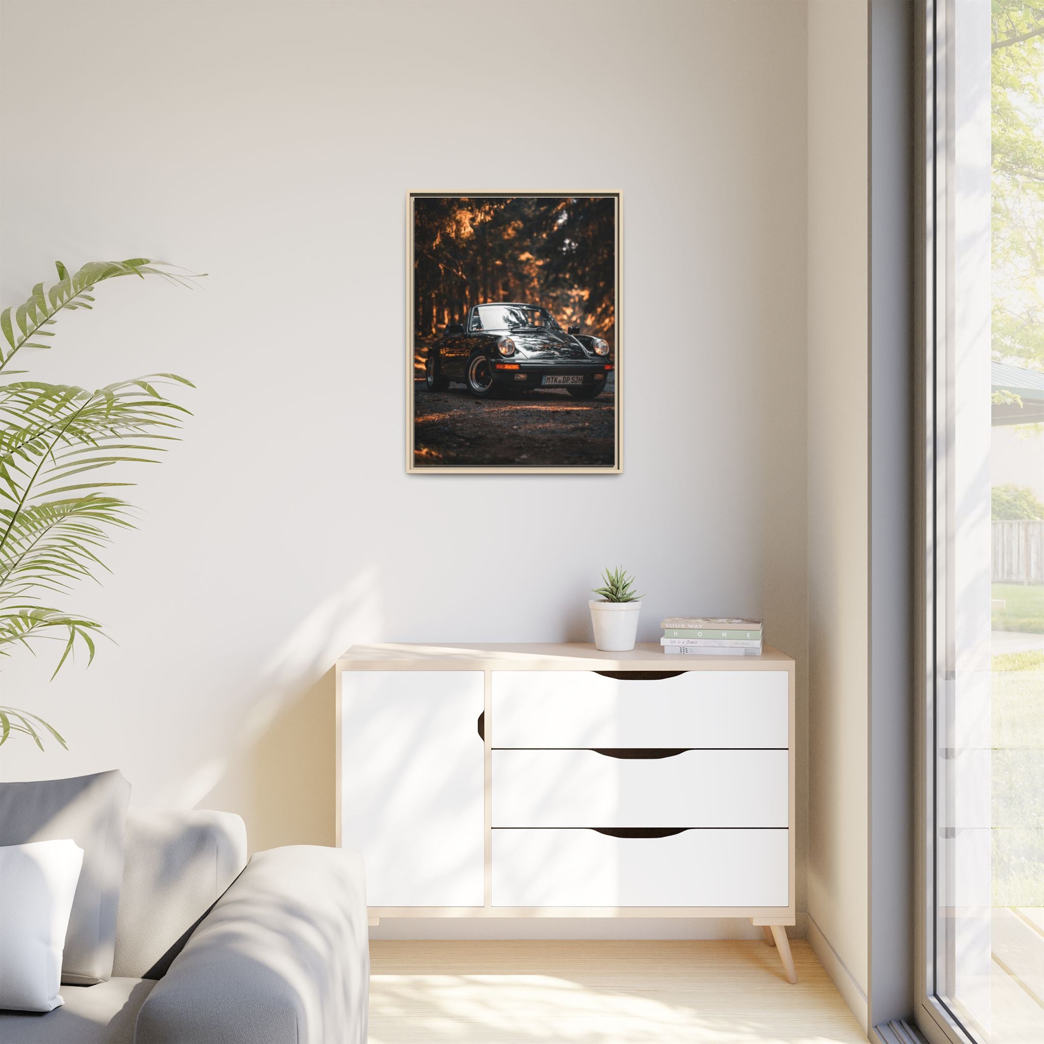 Framed Matte Canvas Print — Vintage Black Porsche in Autumn Forest