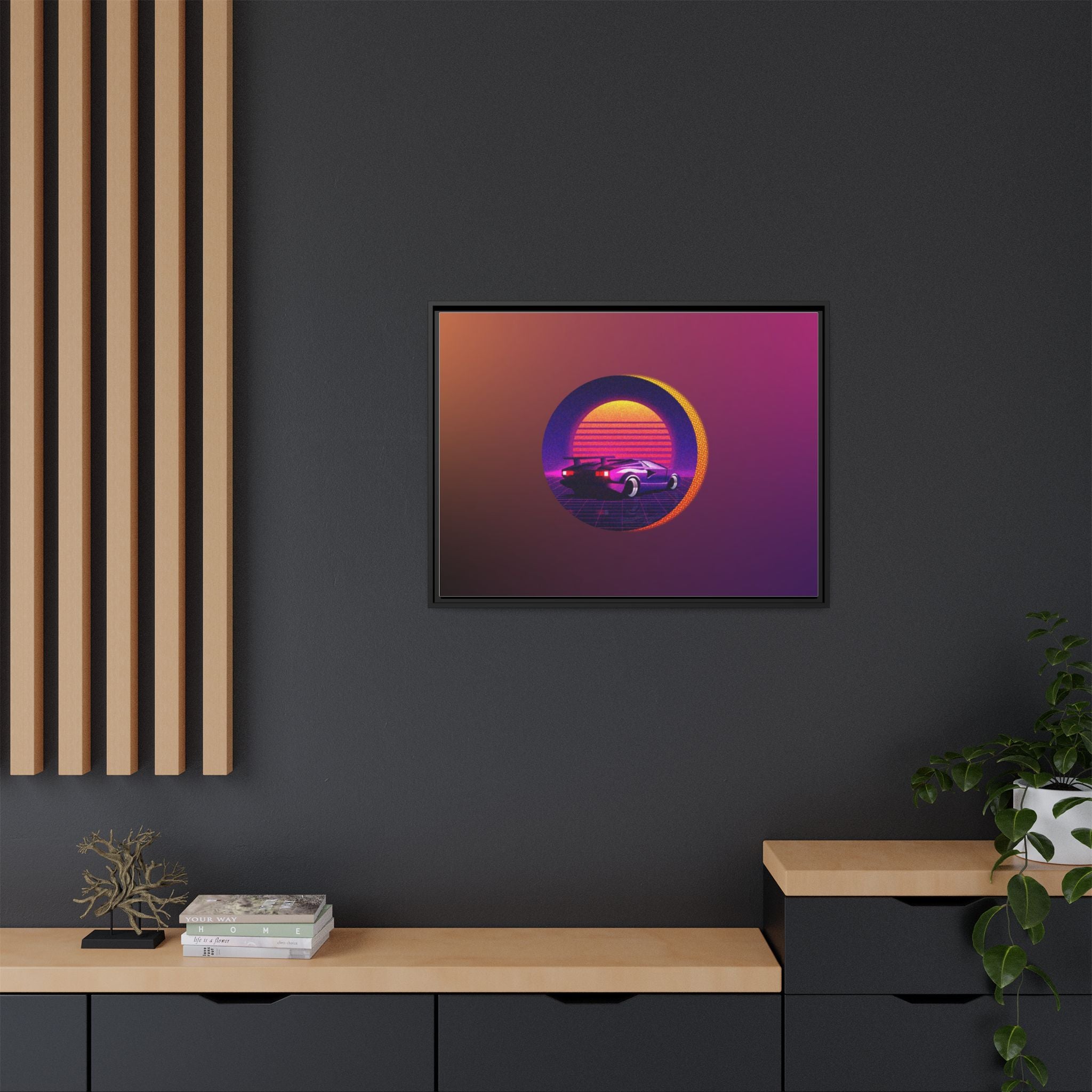 Retro Sunset Sports Car Matte Canvas Framed Wall Art
