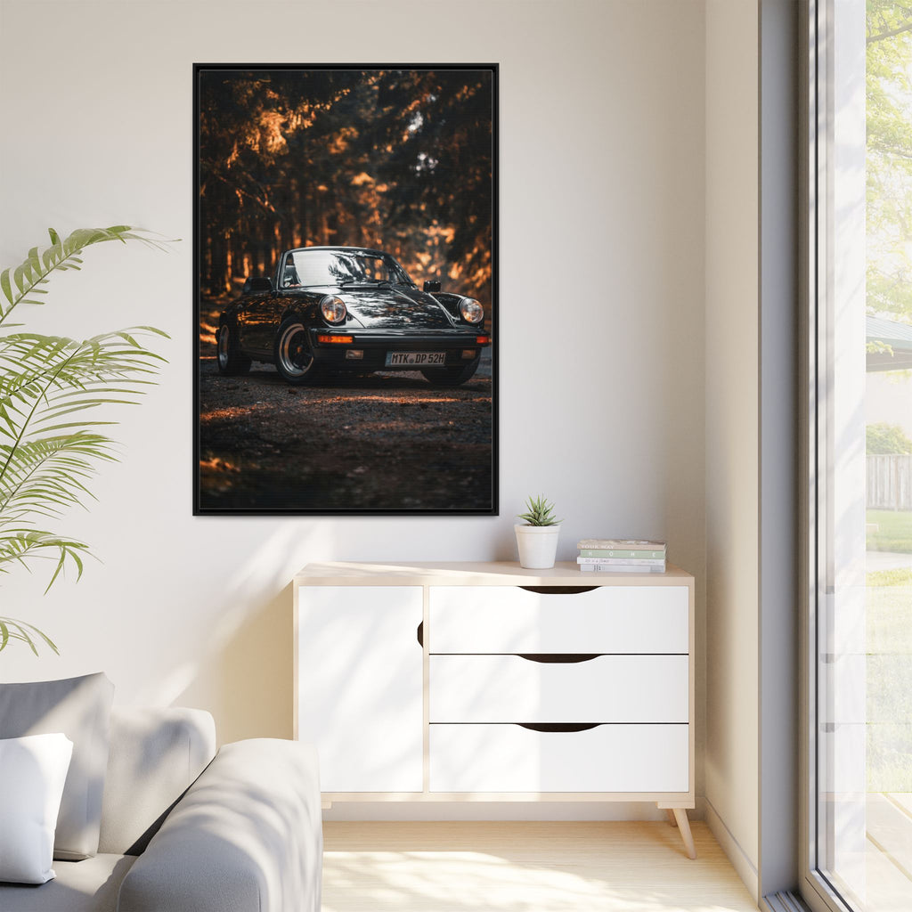Framed Matte Canvas Print — Vintage Black Porsche in Autumn Forest