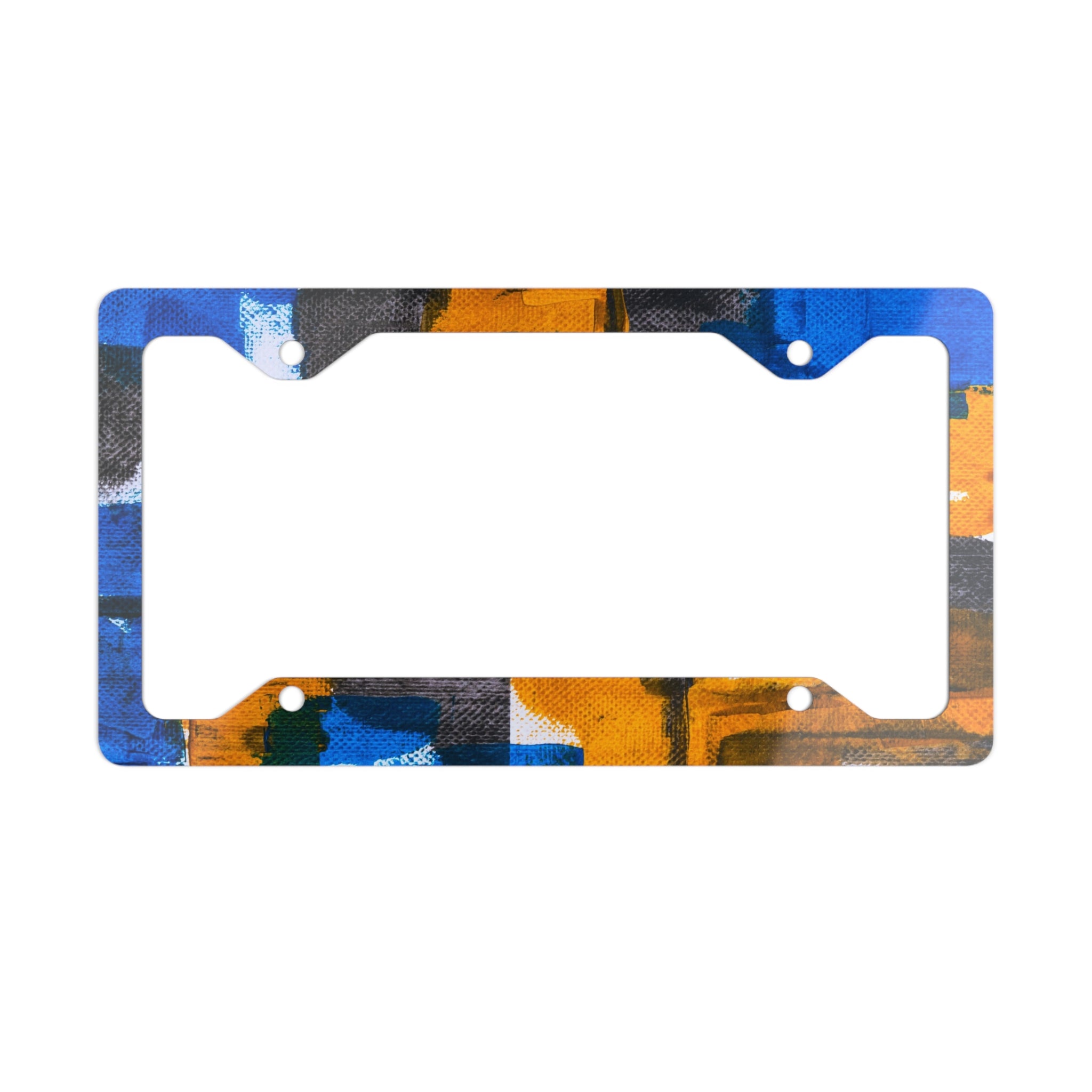 Abstract Blue & Orange Metal License Plate Frame — Colorful Geometric Car Trim