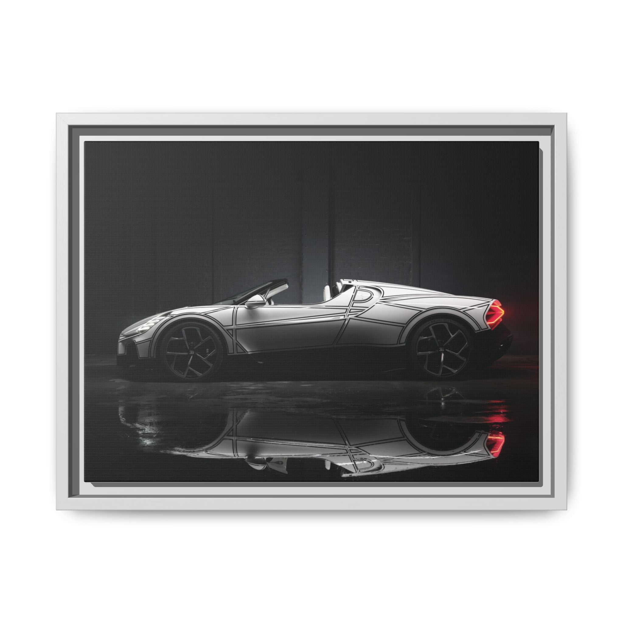 Framed Matte Canvas: Sleek Sports Car Reflection Wall Art