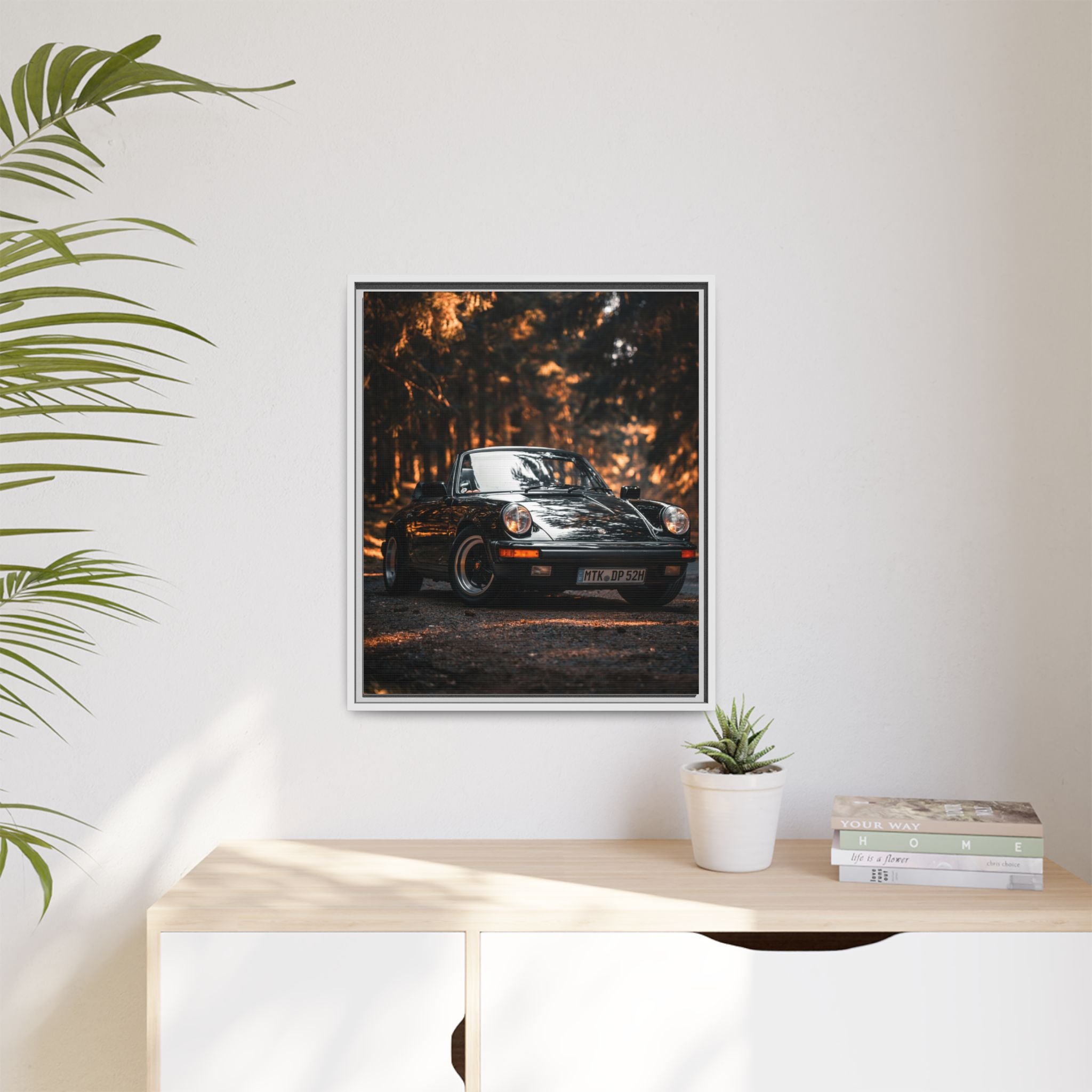Framed Matte Canvas Print — Vintage Black Porsche in Autumn Forest