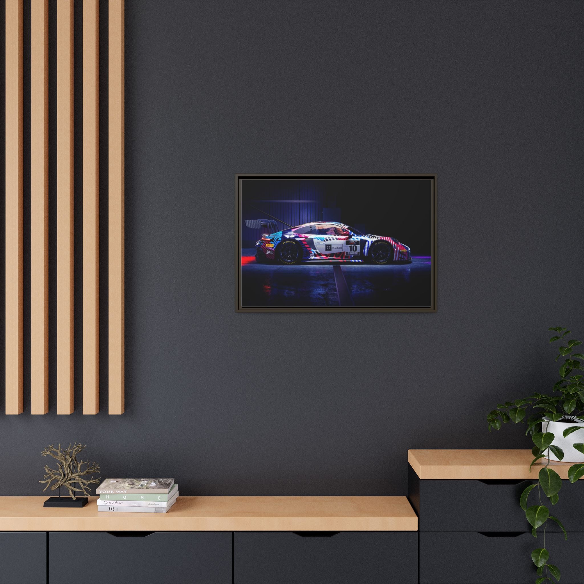 Framed Matte Canvas Print — Neon Racecar Wall Art