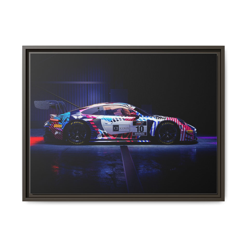 Framed Matte Canvas Print — Neon Racecar Wall Art
