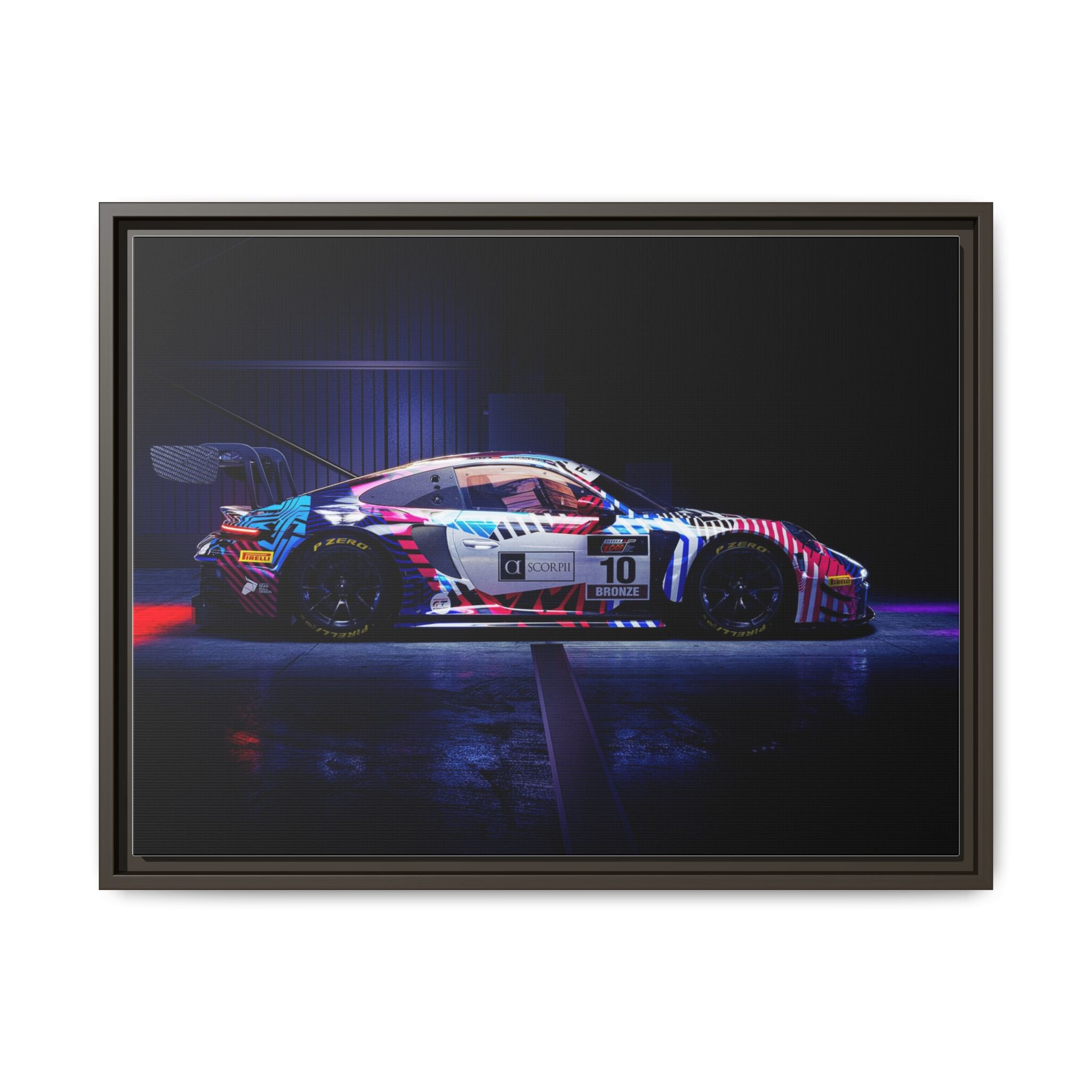 Framed Matte Canvas Print — Neon Racecar Wall Art