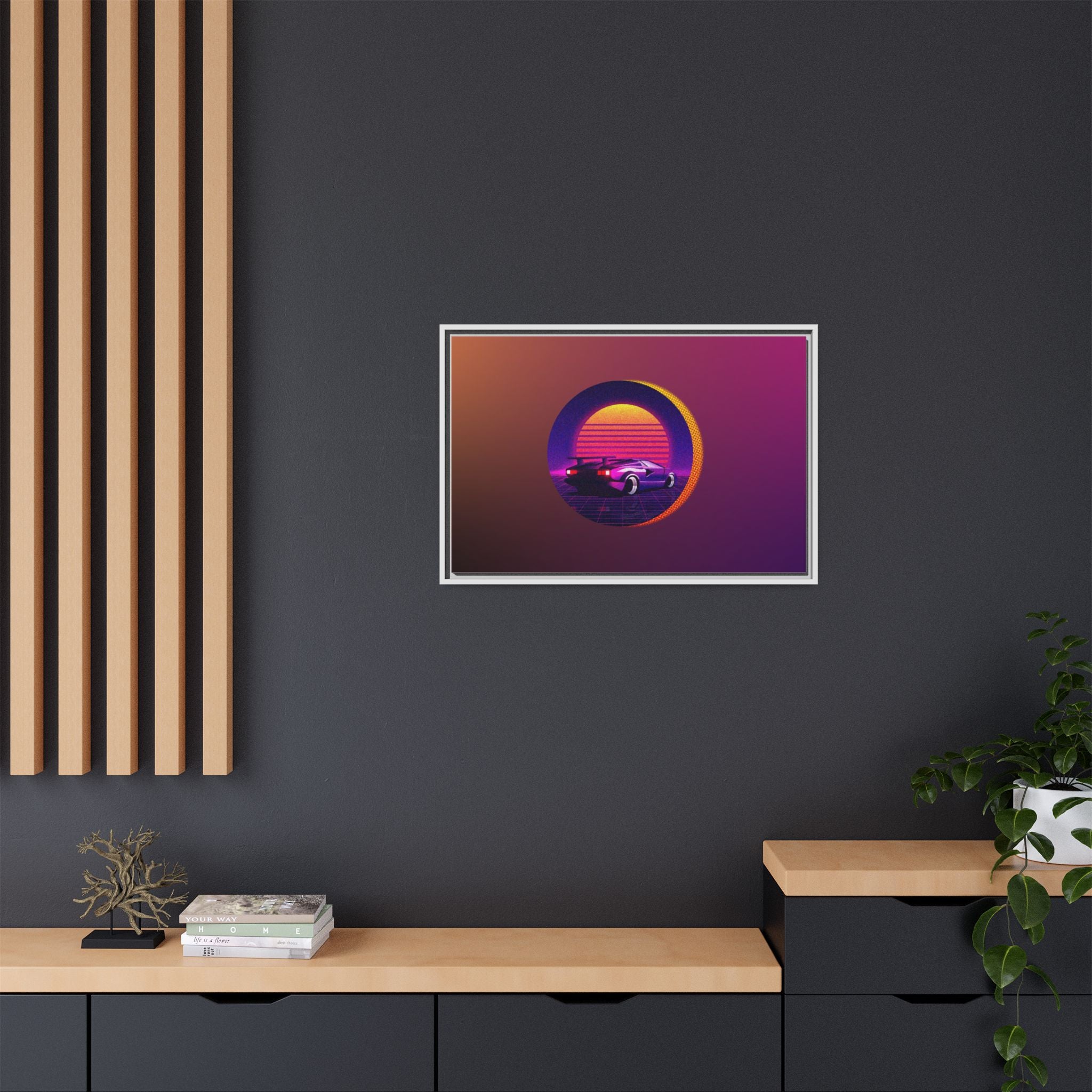 Retro Sunset Sports Car Matte Canvas Framed Wall Art