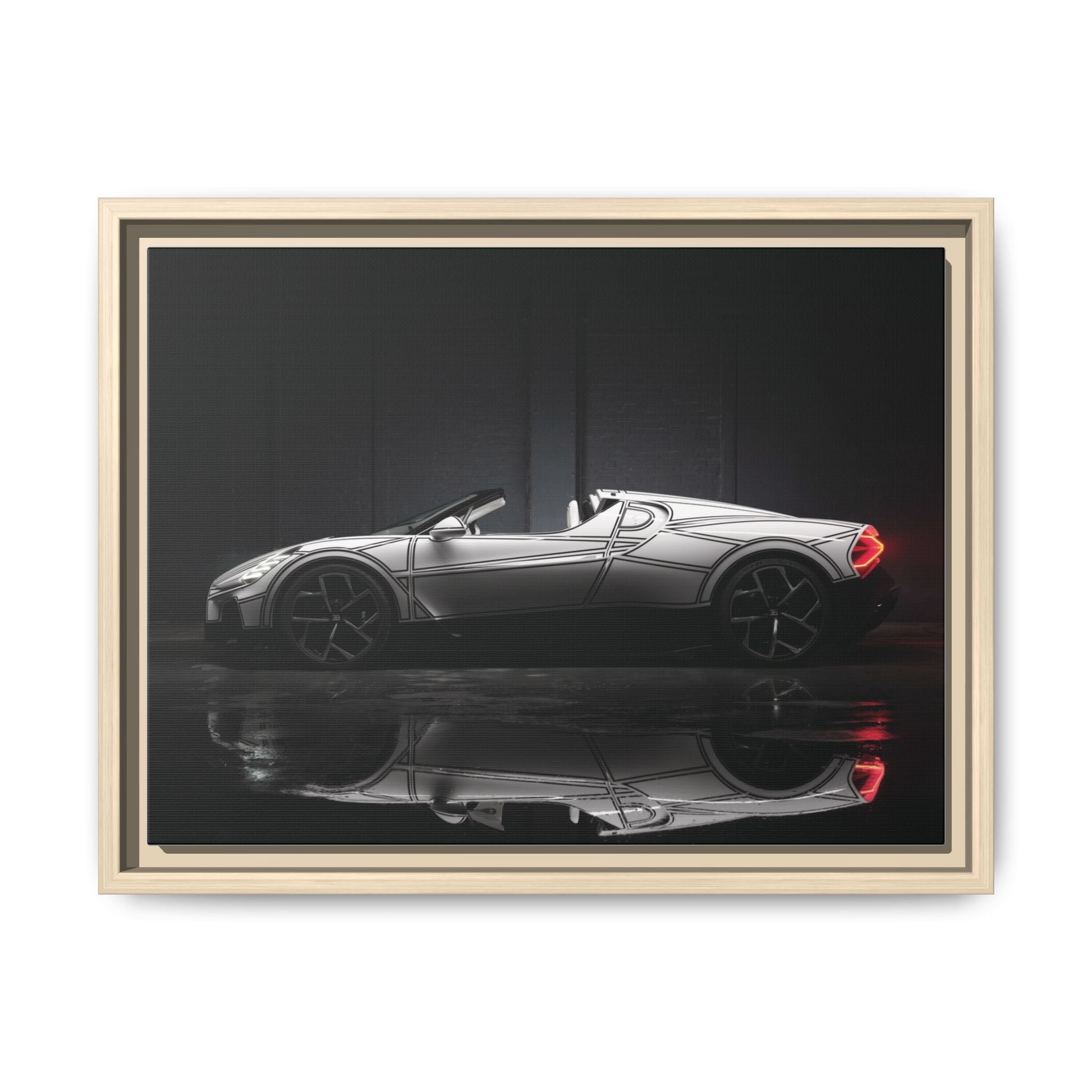 Framed Matte Canvas: Sleek Sports Car Reflection Wall Art