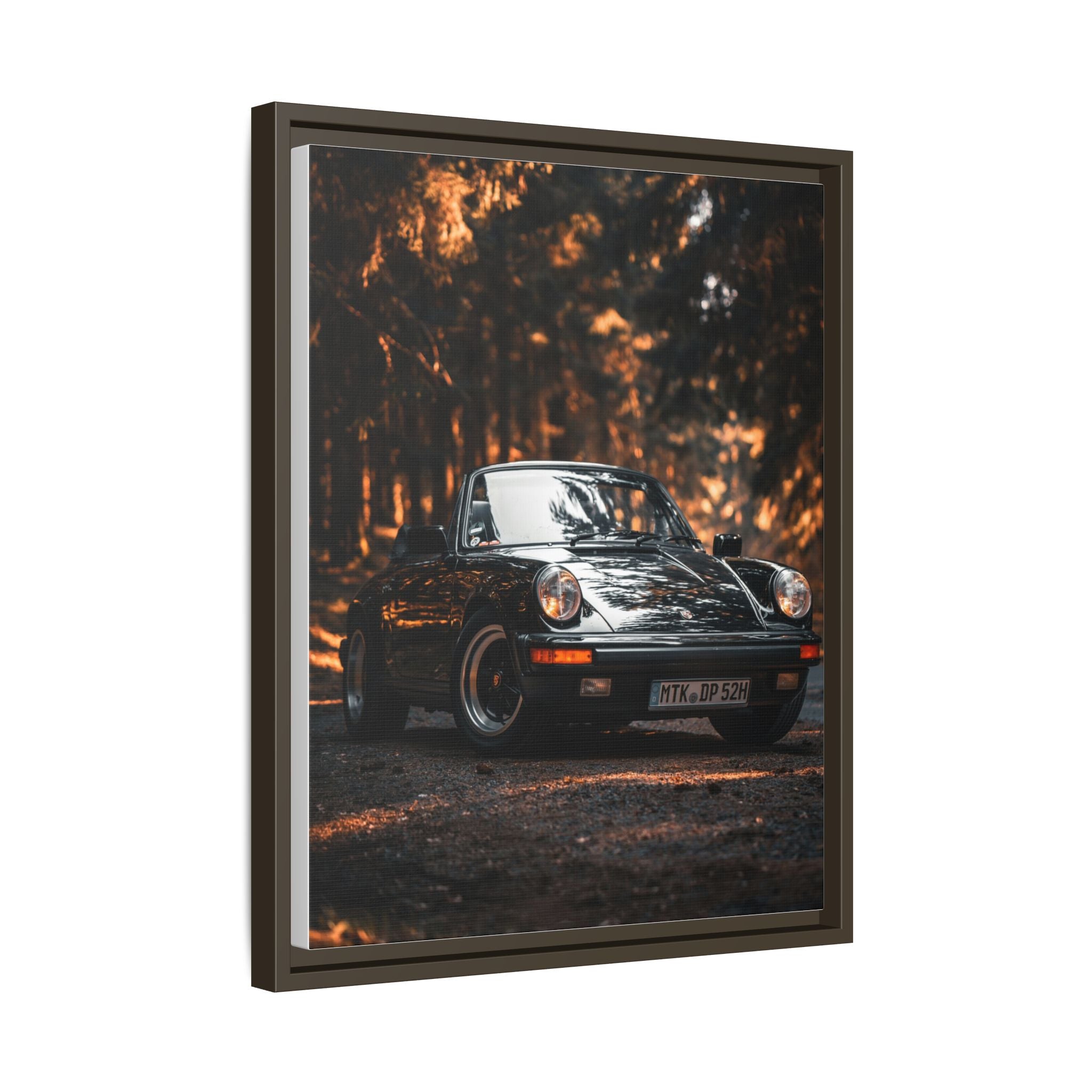 Framed Matte Canvas Print — Vintage Black Porsche in Autumn Forest
