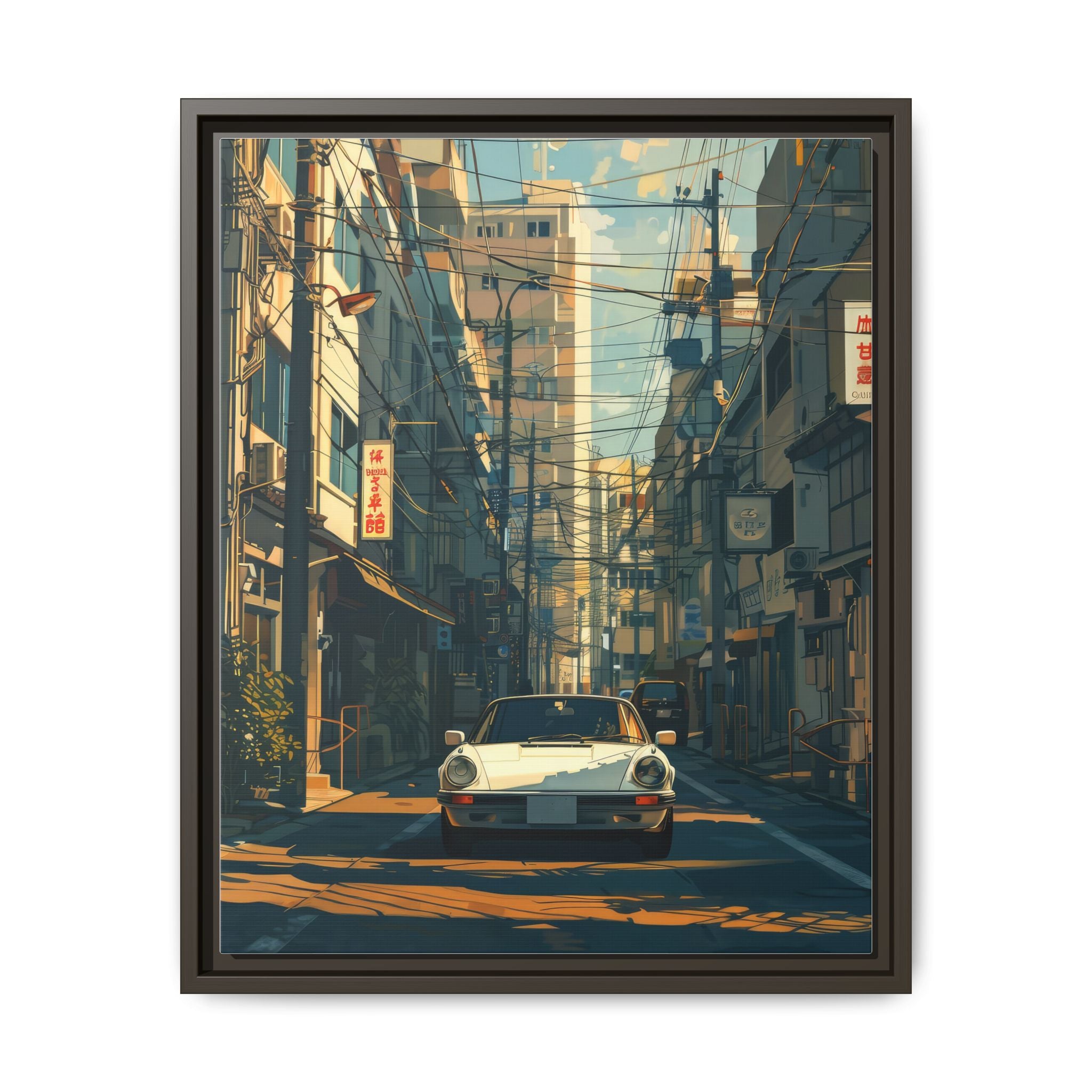 Vintage Sports Car Cityscape Framed Canvas Print