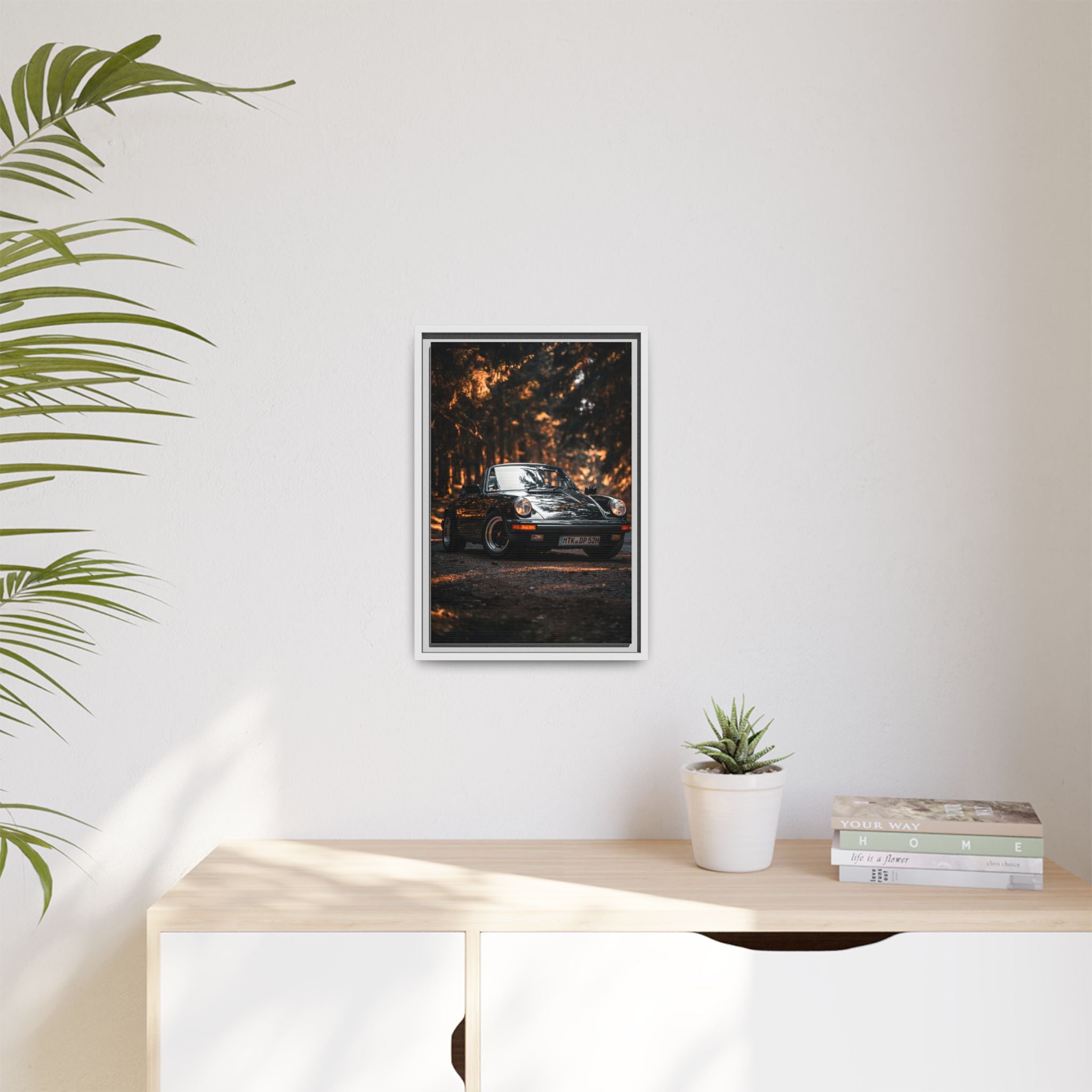 Framed Matte Canvas Print — Vintage Black Porsche in Autumn Forest