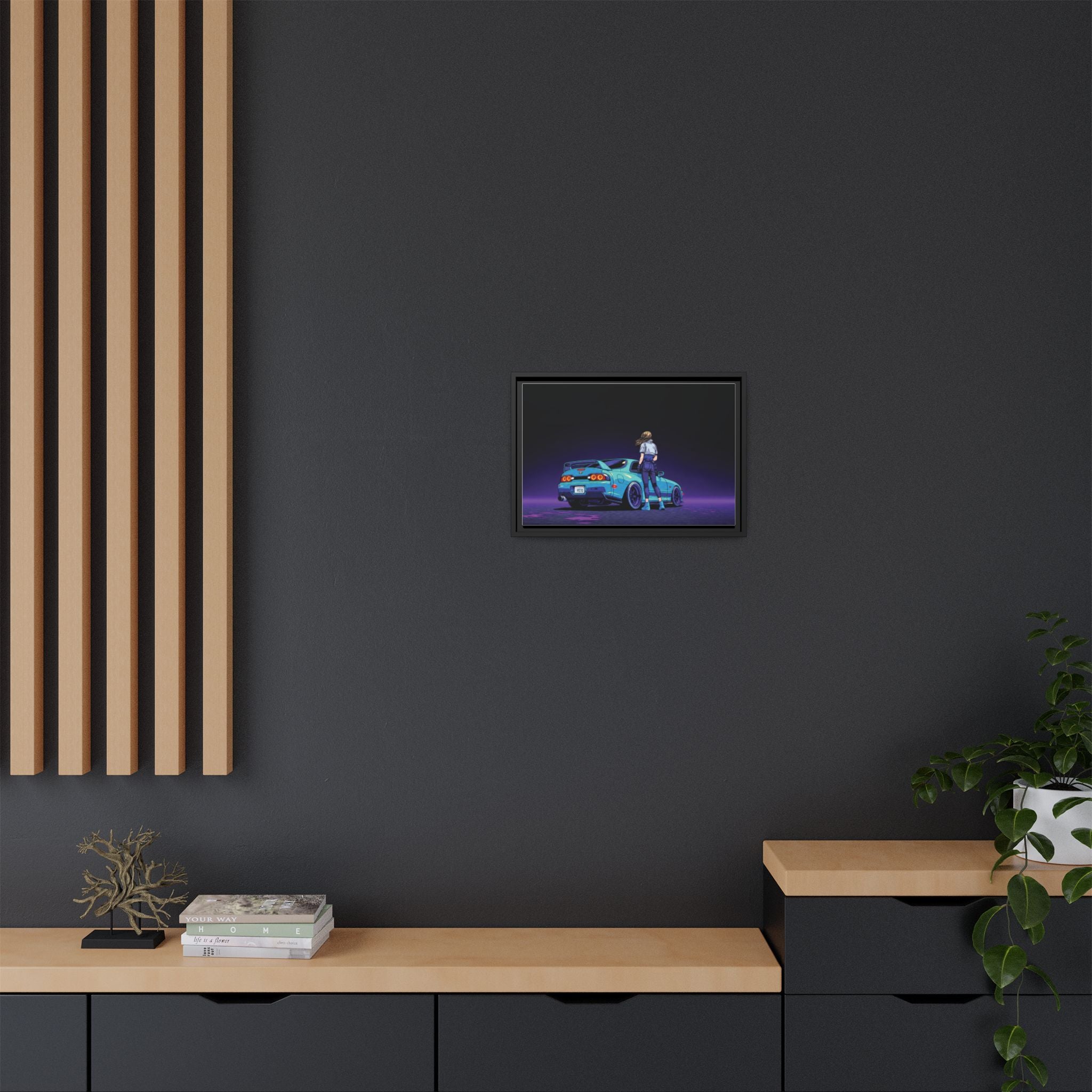 Retro Neon Race Car Poster Matte Canvas Framed | Anime Driver Wall Art