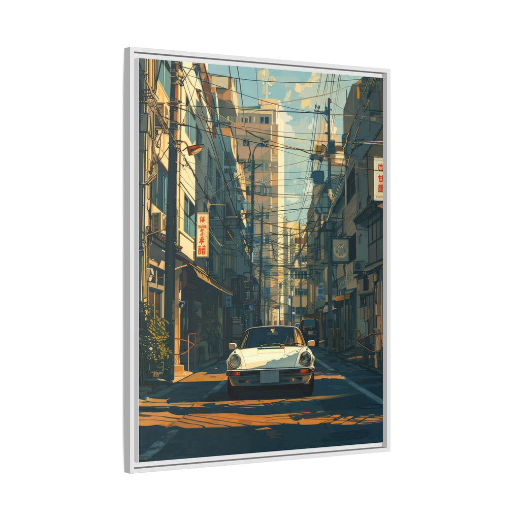 Vintage Sports Car Cityscape Framed Canvas Print