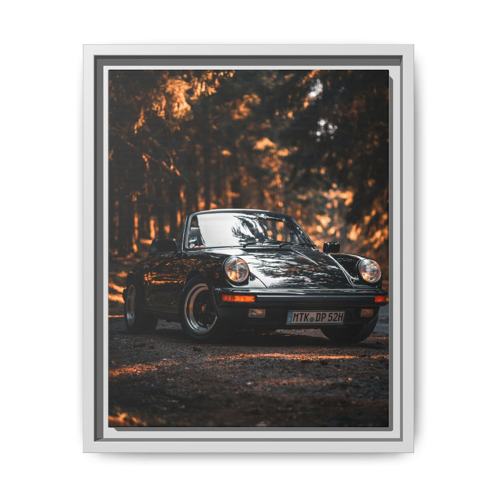 Framed Matte Canvas Print — Vintage Black Porsche in Autumn Forest