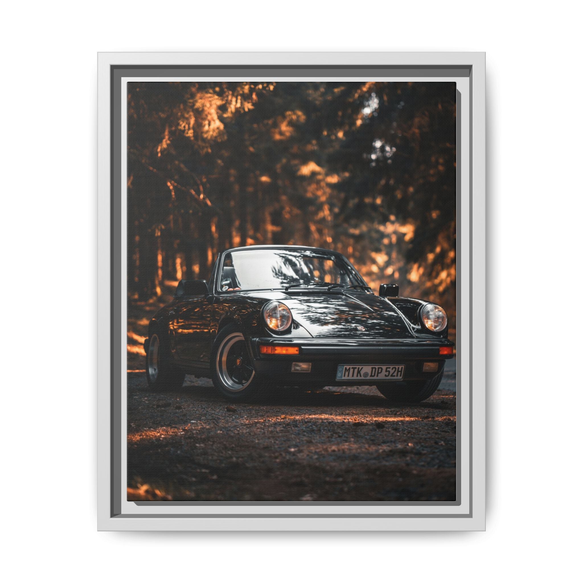 Framed Matte Canvas Print — Vintage Black Porsche in Autumn Forest
