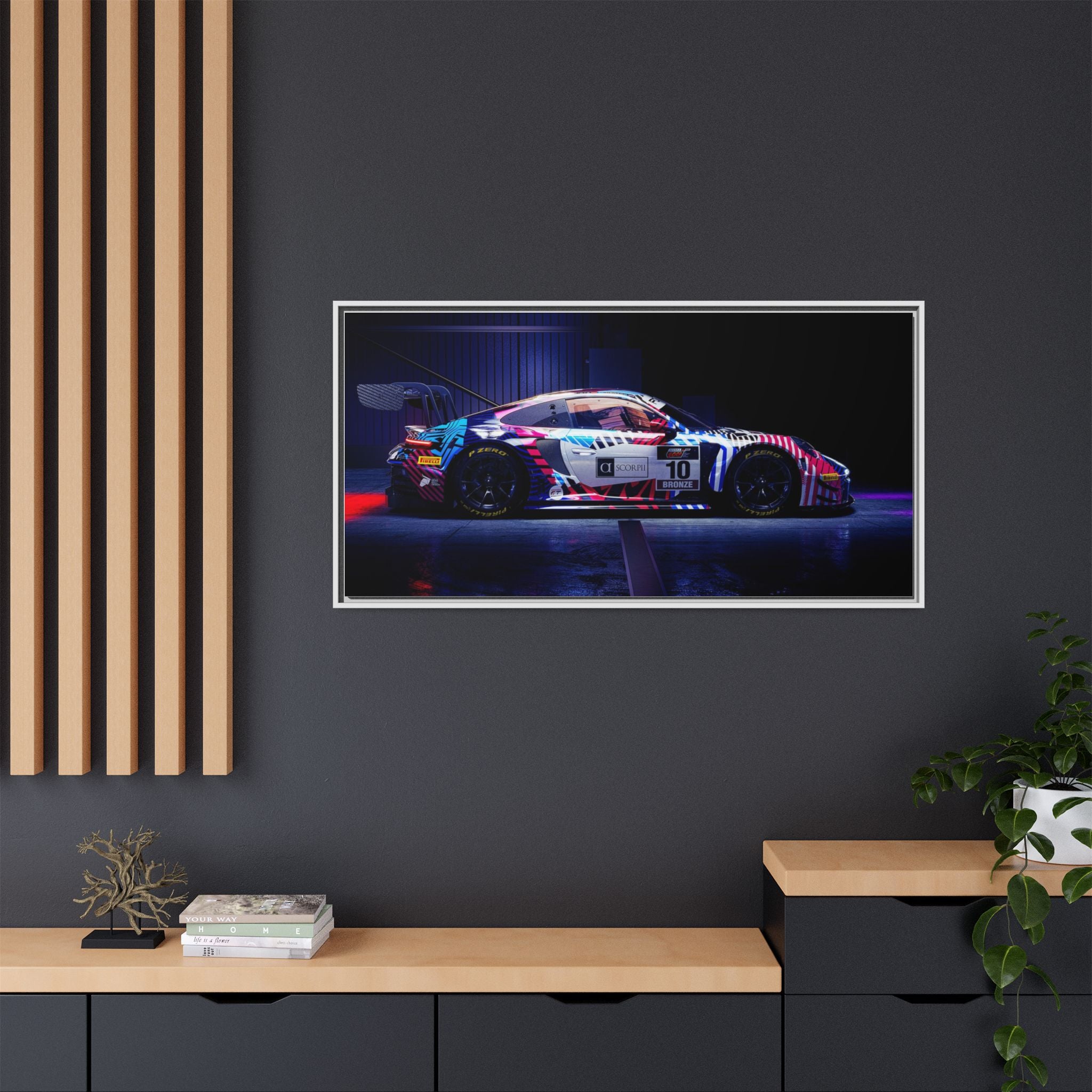 Framed Matte Canvas Print — Neon Racecar Wall Art