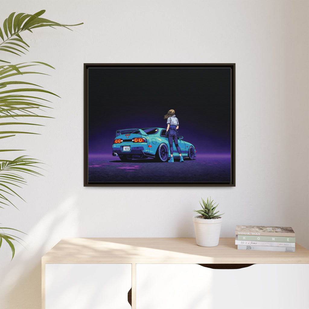 Retro Neon Race Car Poster Matte Canvas Framed | Anime Driver Wall Art