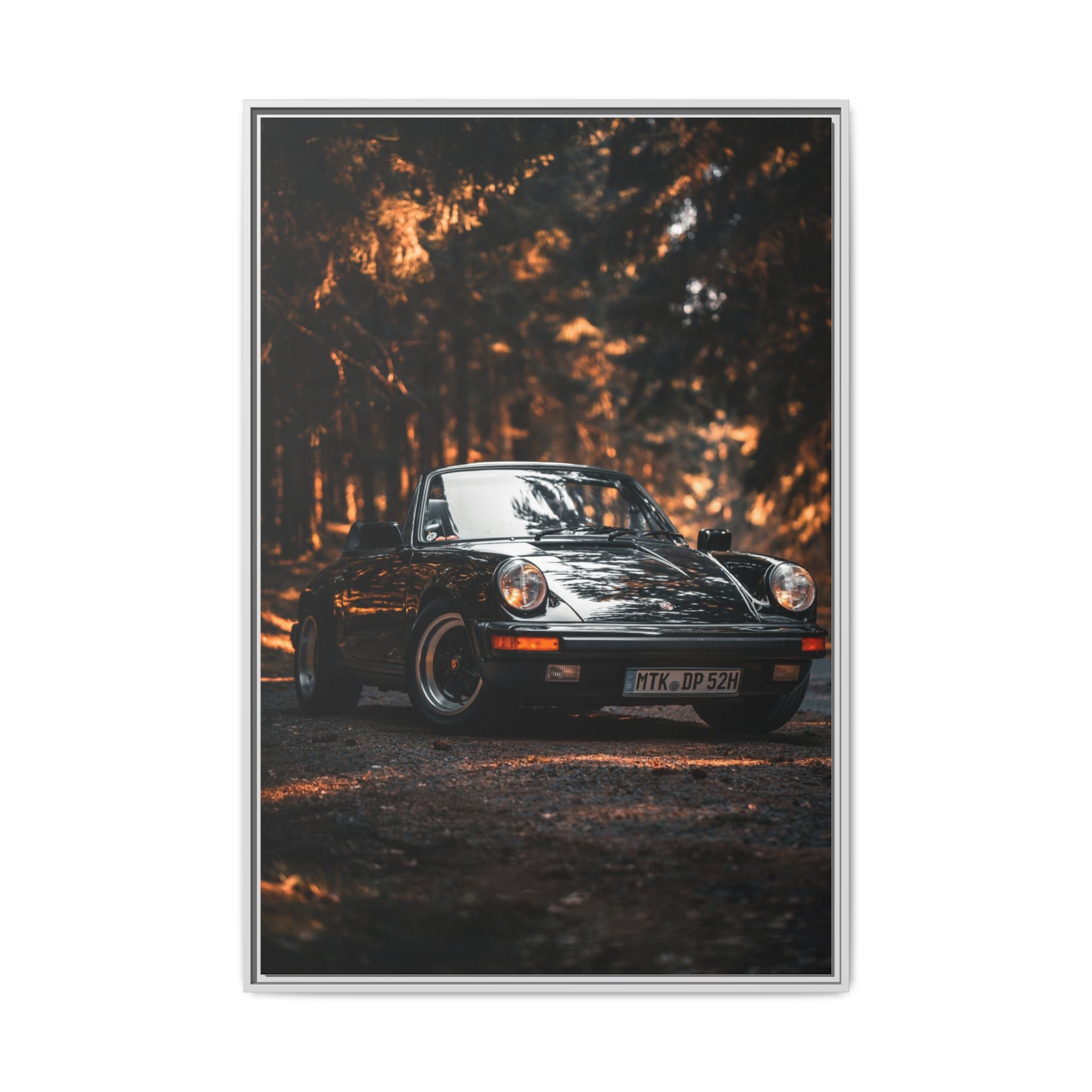 Framed Matte Canvas Print — Vintage Black Porsche in Autumn Forest