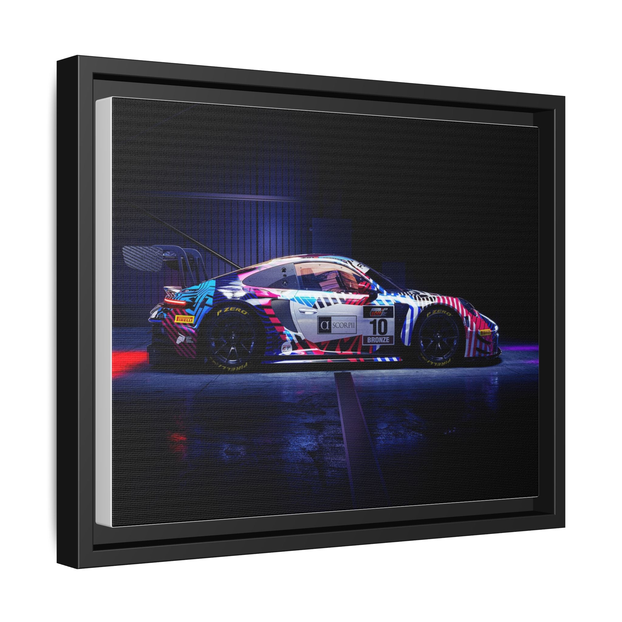 Framed Matte Canvas Print — Neon Racecar Wall Art