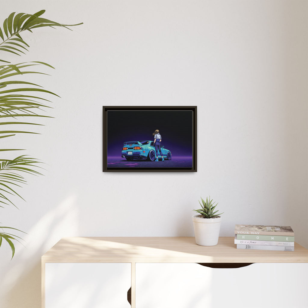 Retro Neon Race Car Poster Matte Canvas Framed | Anime Driver Wall Art