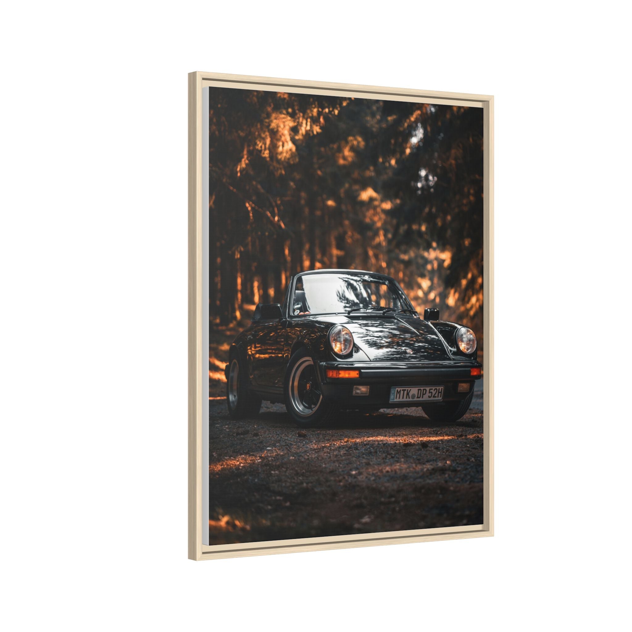 Framed Matte Canvas Print — Vintage Black Porsche in Autumn Forest
