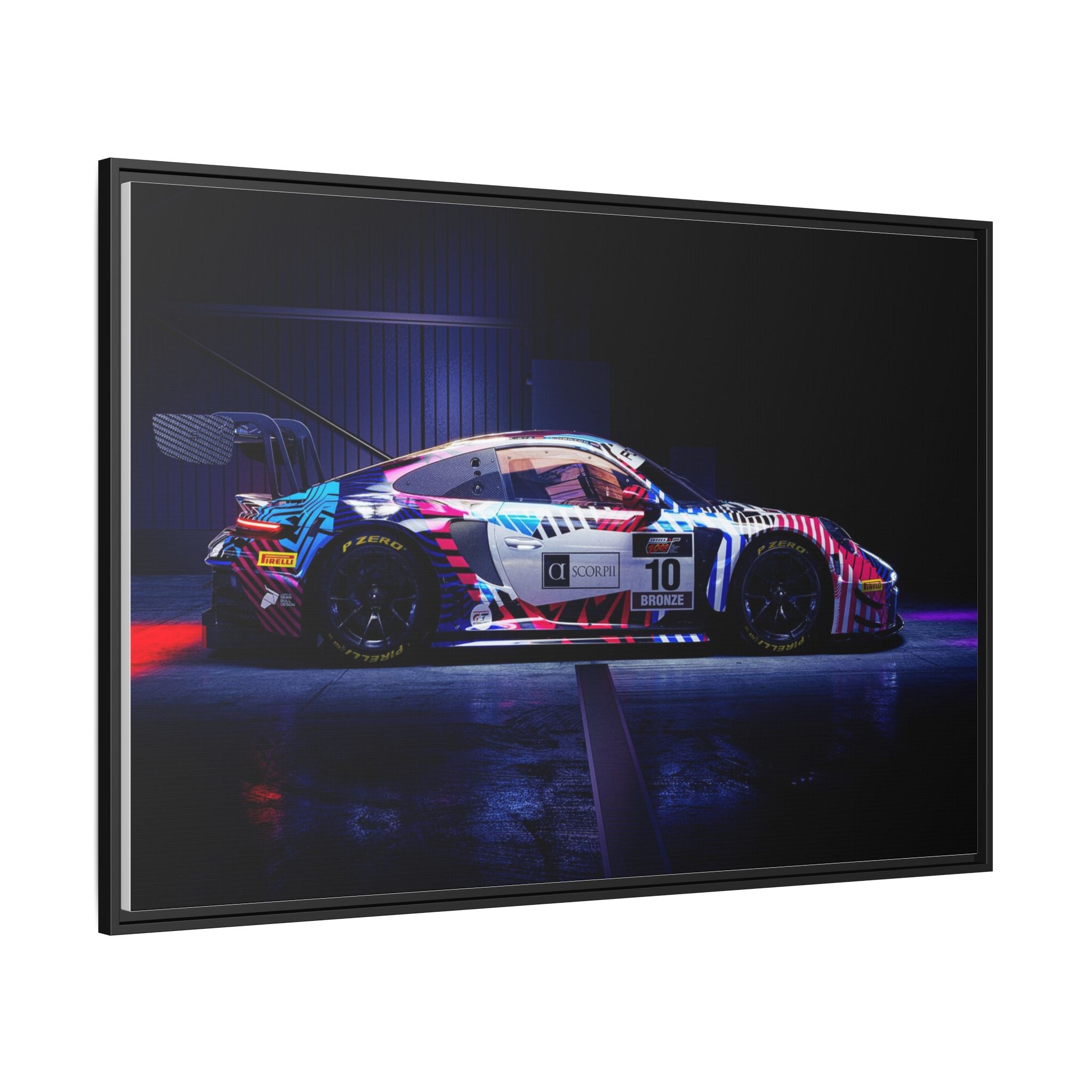 Framed Matte Canvas Print — Neon Racecar Wall Art