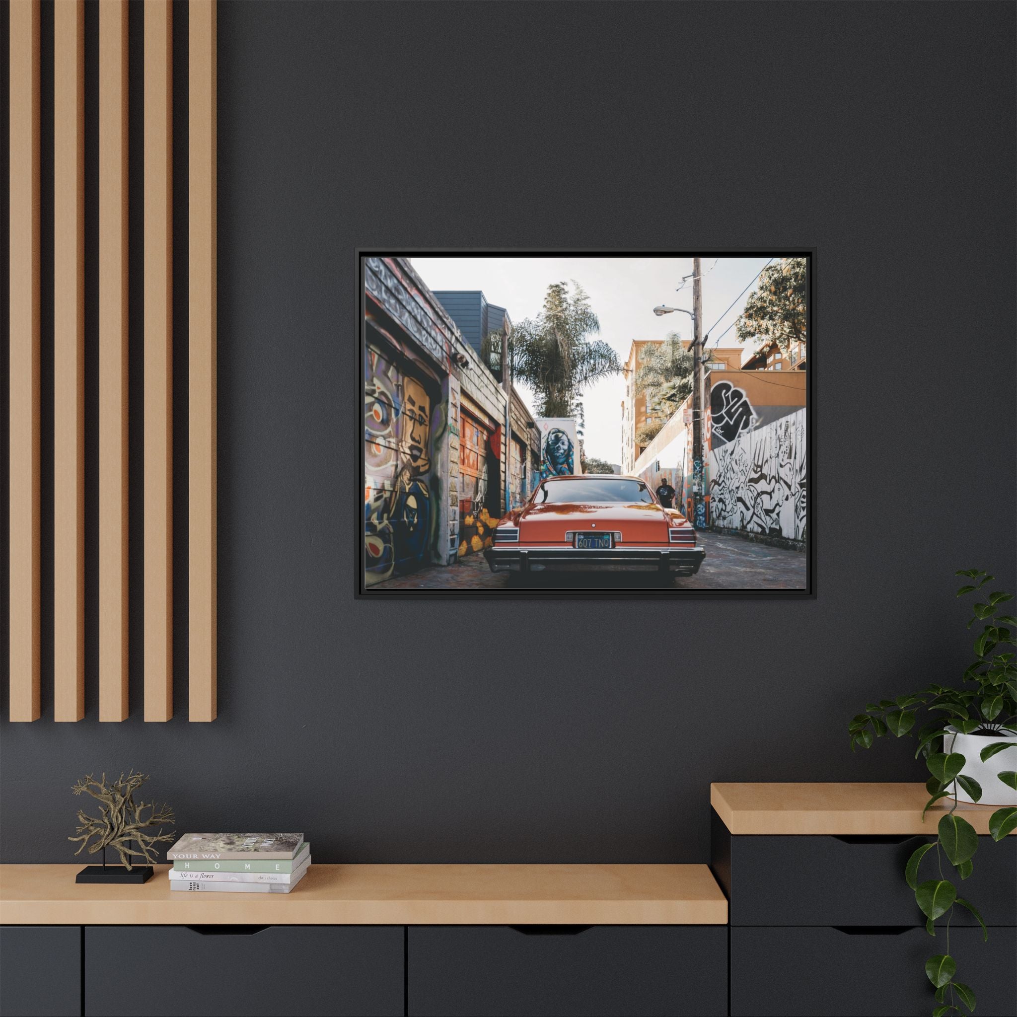 Vintage Chevrolet in Graffiti Alley — Framed Matte Canvas Wall Art