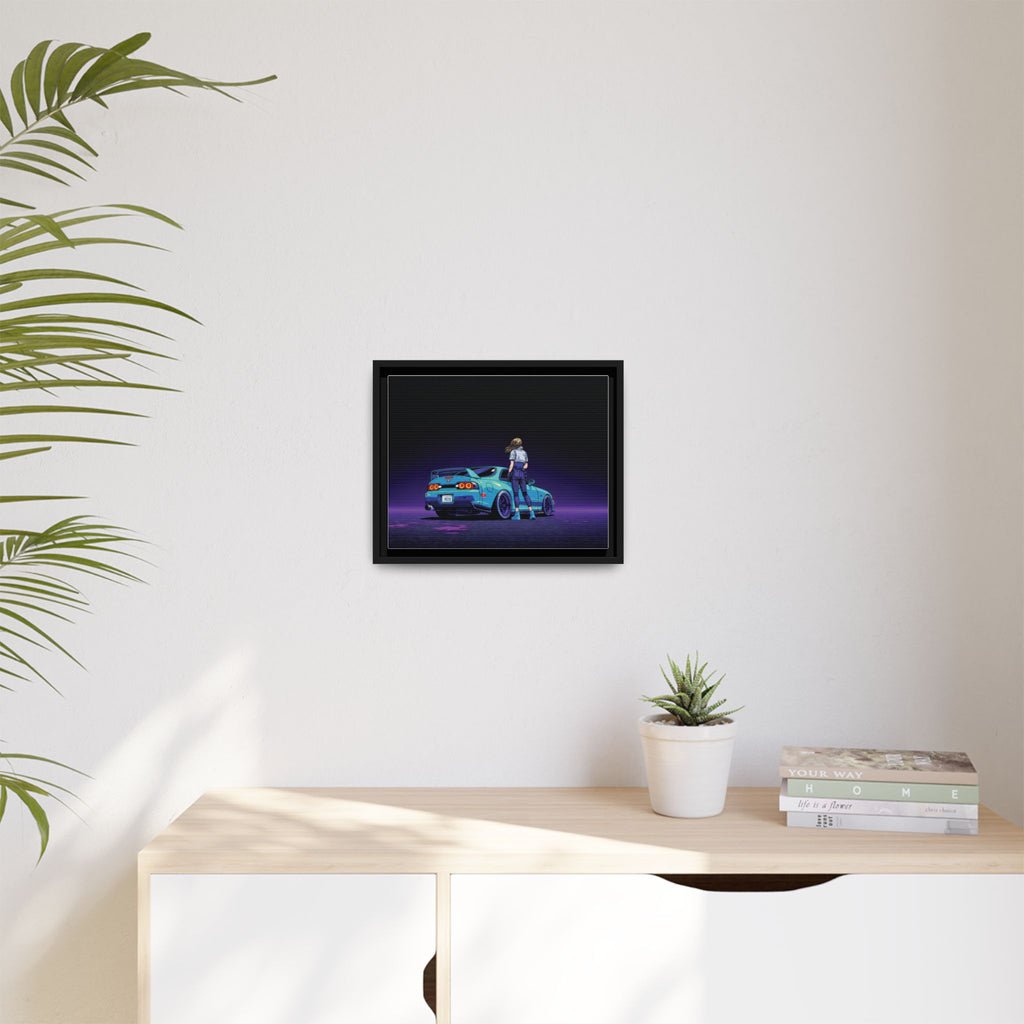 Retro Neon Race Car Poster Matte Canvas Framed | Anime Driver Wall Art