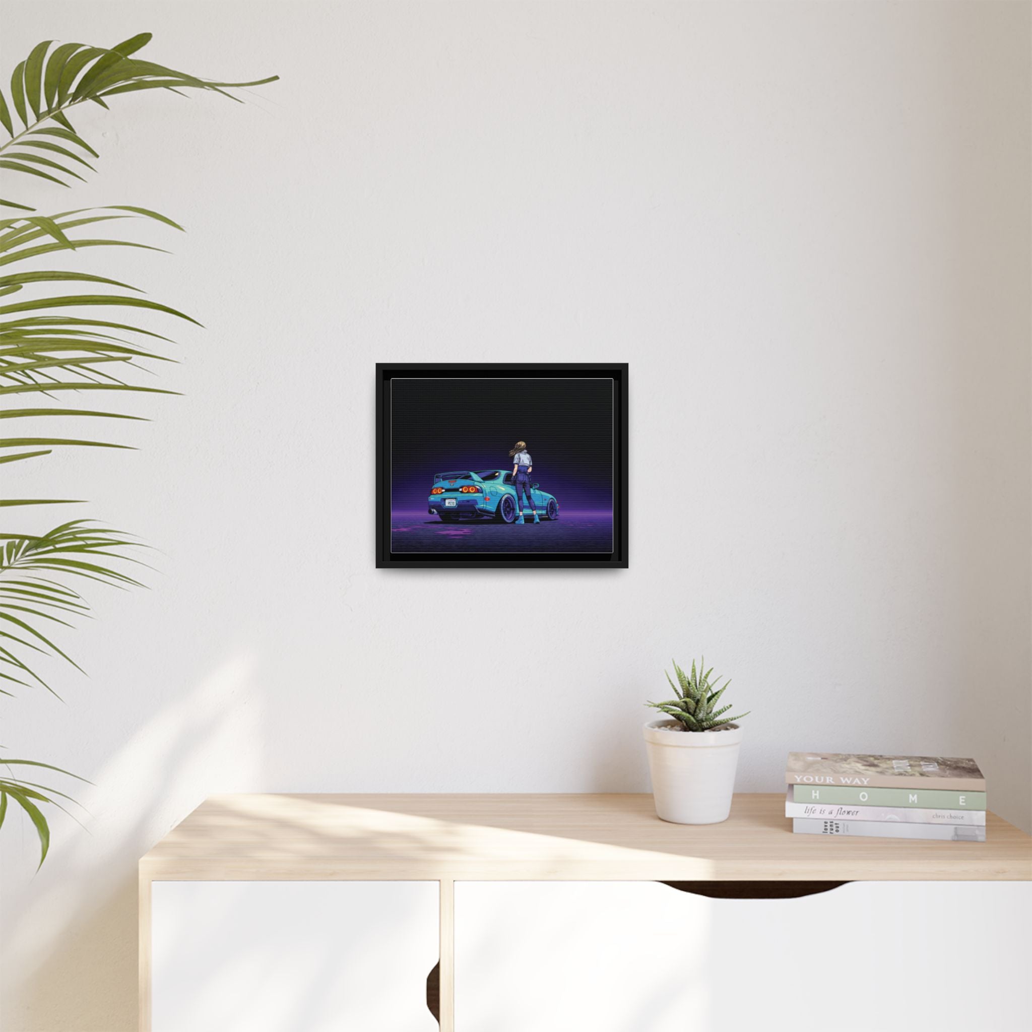 Retro Neon Race Car Poster Matte Canvas Framed | Anime Driver Wall Art