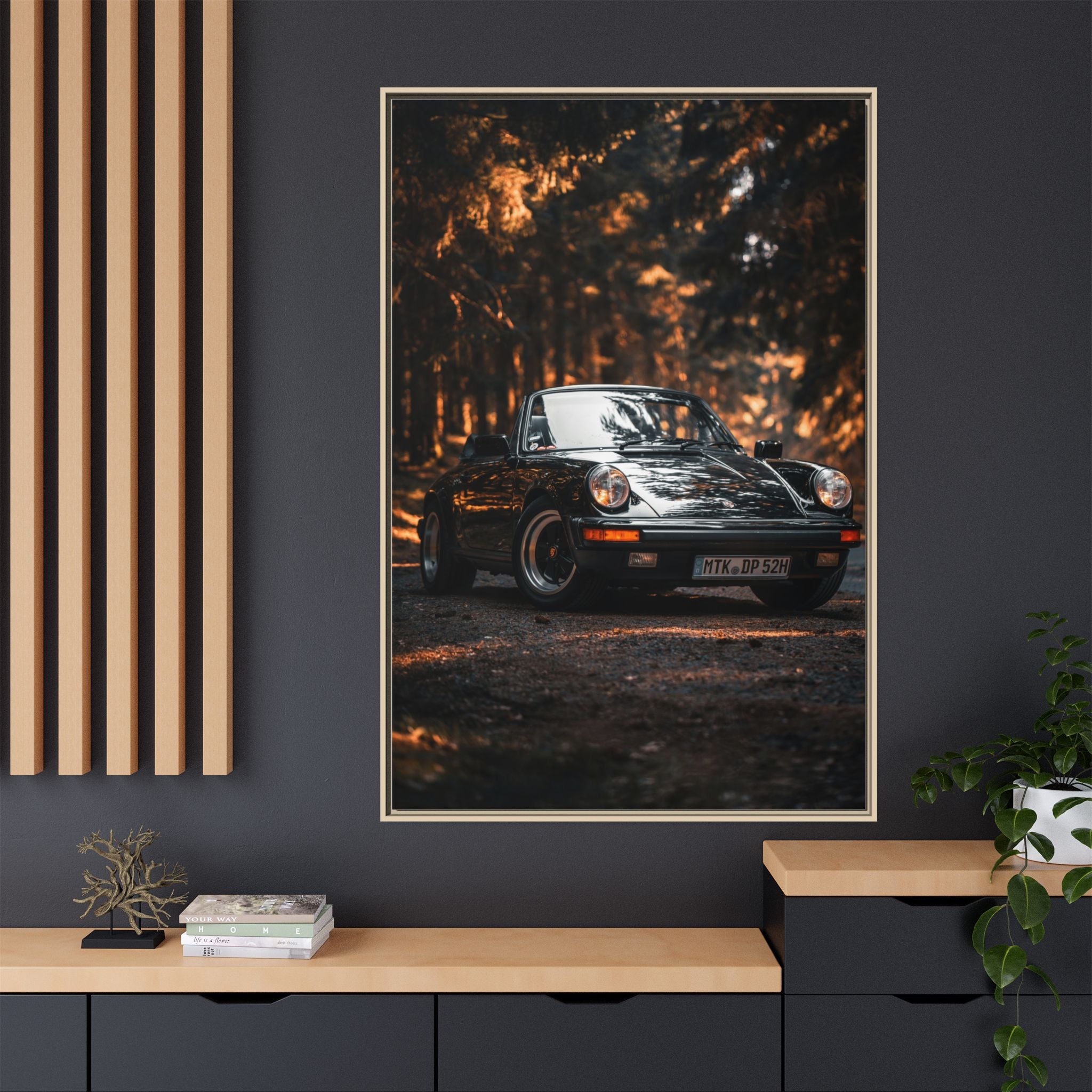 Framed Matte Canvas Print — Vintage Black Porsche in Autumn Forest