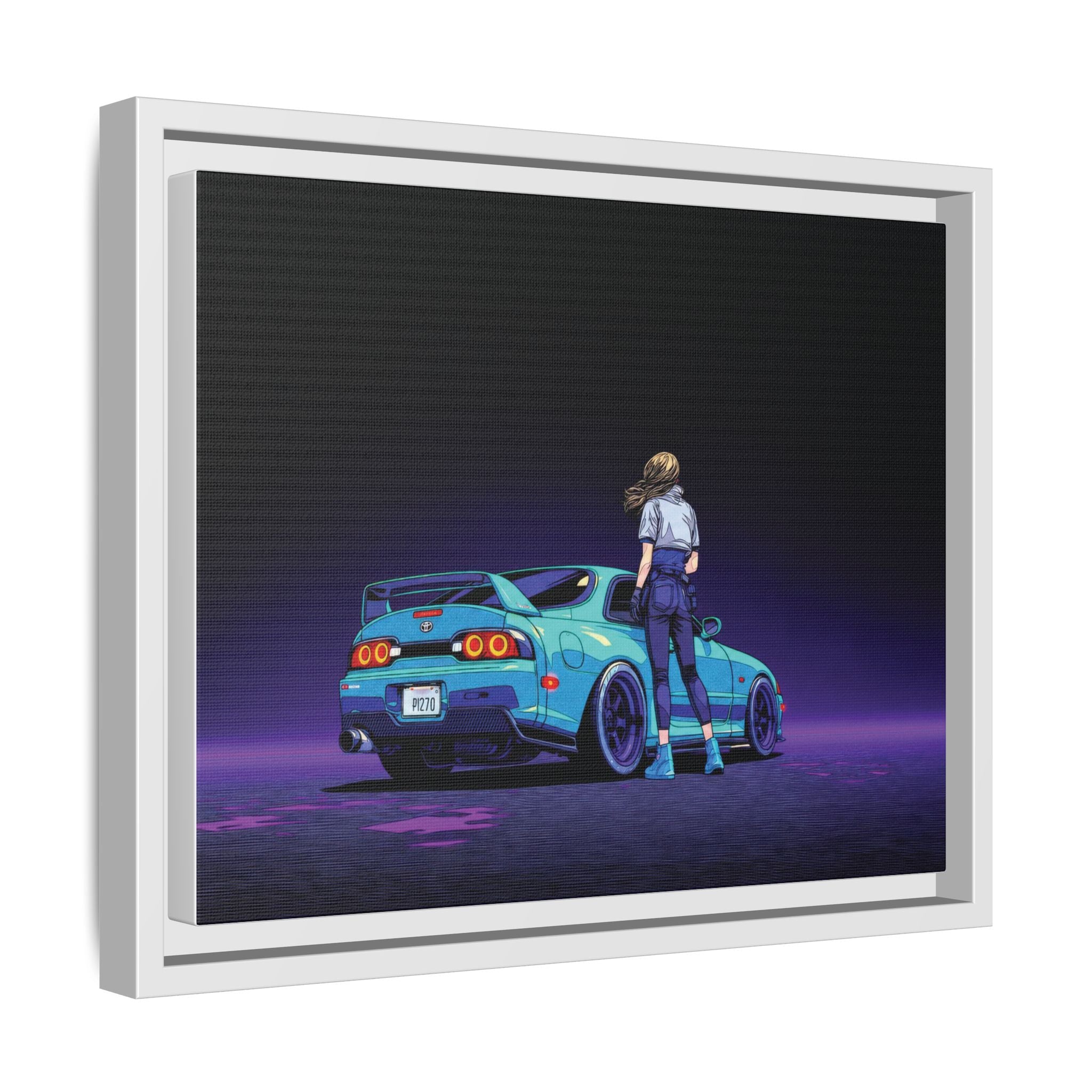 Retro Neon Race Car Poster Matte Canvas Framed | Anime Driver Wall Art