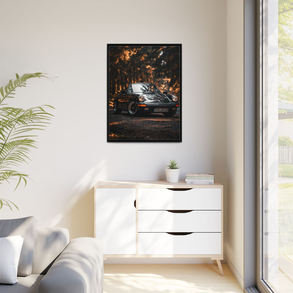 Framed Matte Canvas Print — Vintage Black Porsche in Autumn Forest