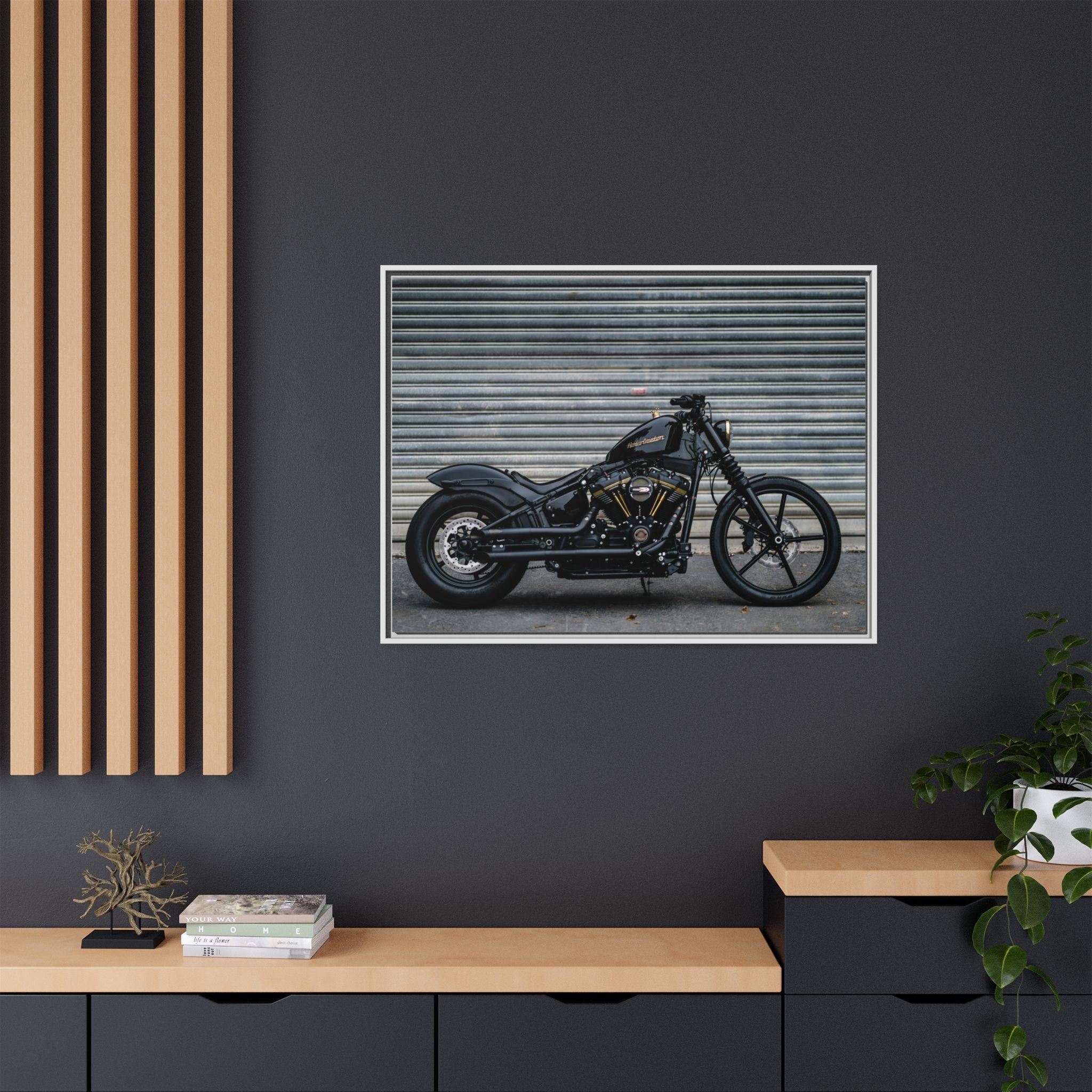 Framed Matte Canvas Motorcycle Print — Black Bobber Wall Art