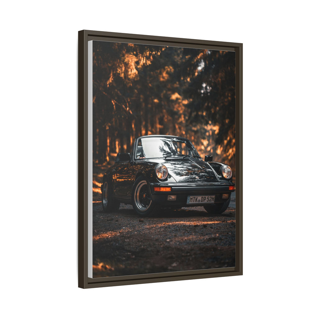 Framed Matte Canvas Print — Vintage Black Porsche in Autumn Forest