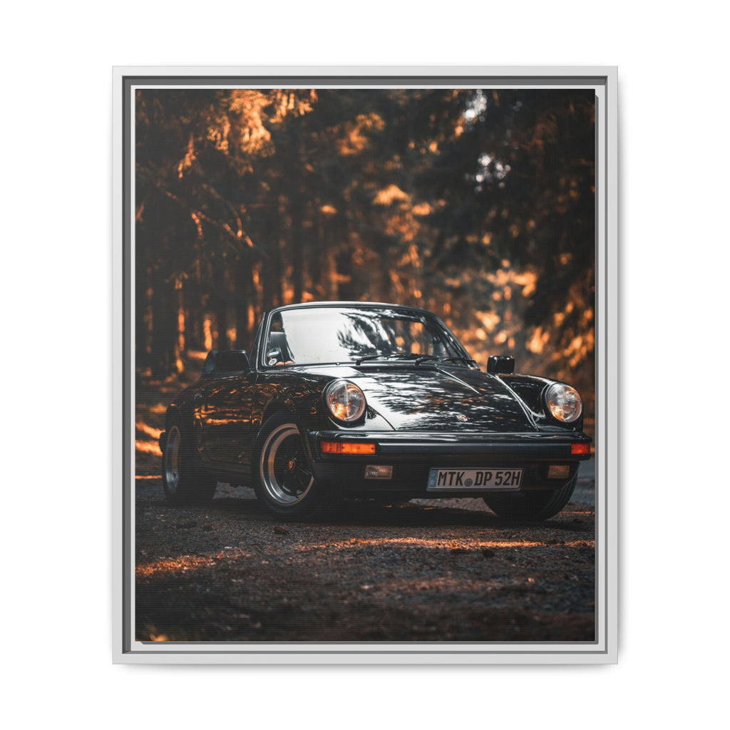 Framed Matte Canvas Print — Vintage Black Porsche in Autumn Forest