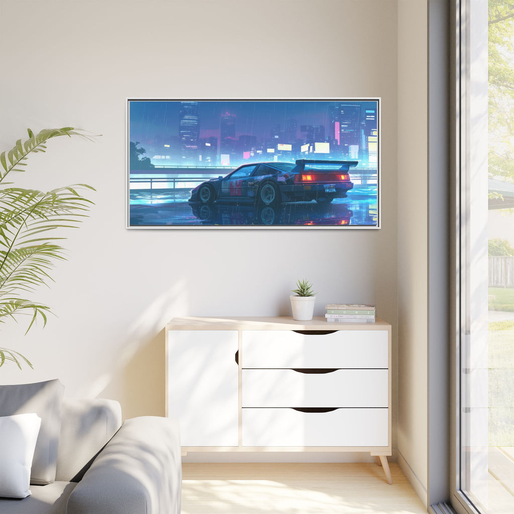Retro Neon City Car Matte Canvas Print — Framed Wall Art