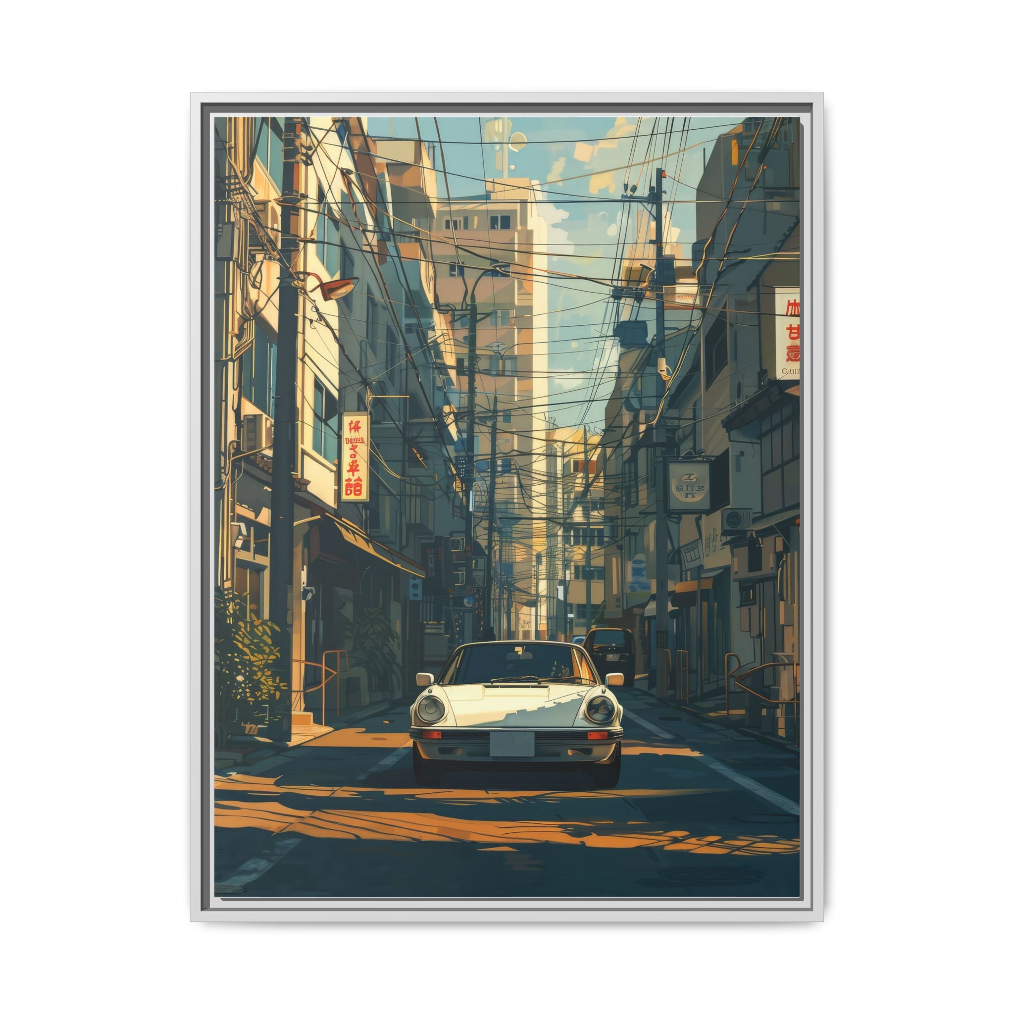 Vintage Sports Car Cityscape Framed Canvas Print