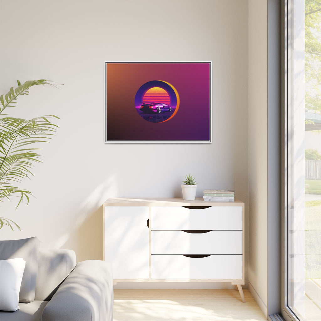 Retro Sunset Sports Car Matte Canvas Framed Wall Art