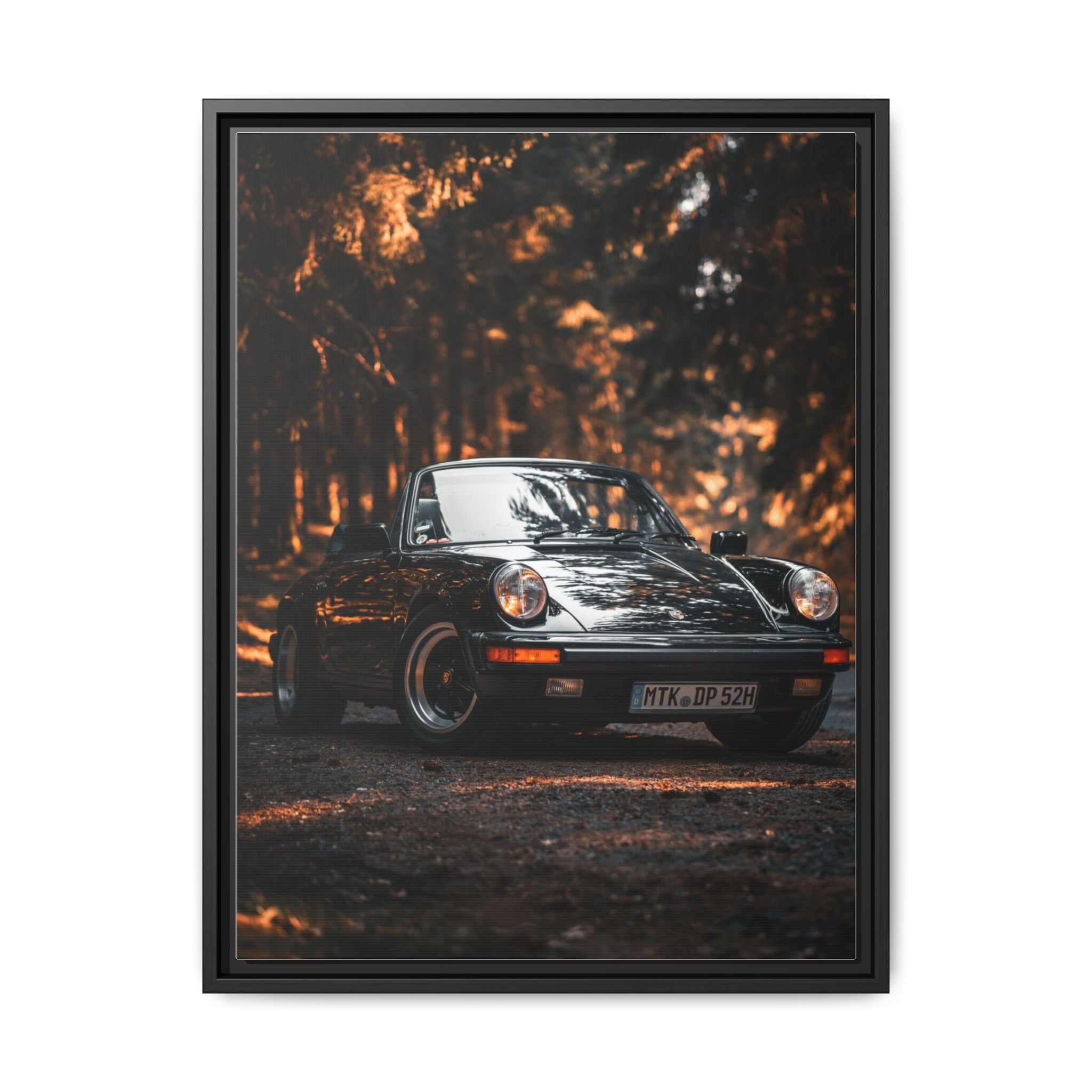 Framed Matte Canvas Print — Vintage Black Porsche in Autumn Forest