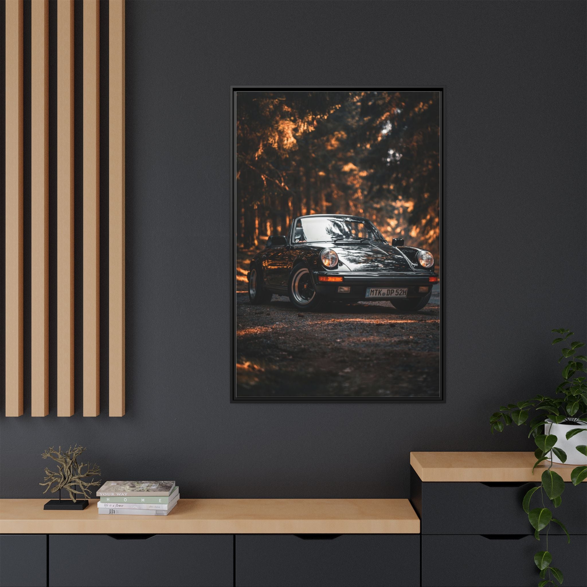 Framed Matte Canvas Print — Vintage Black Porsche in Autumn Forest