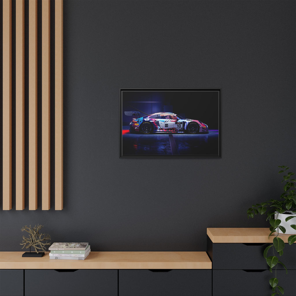 Framed Matte Canvas Print — Neon Racecar Wall Art