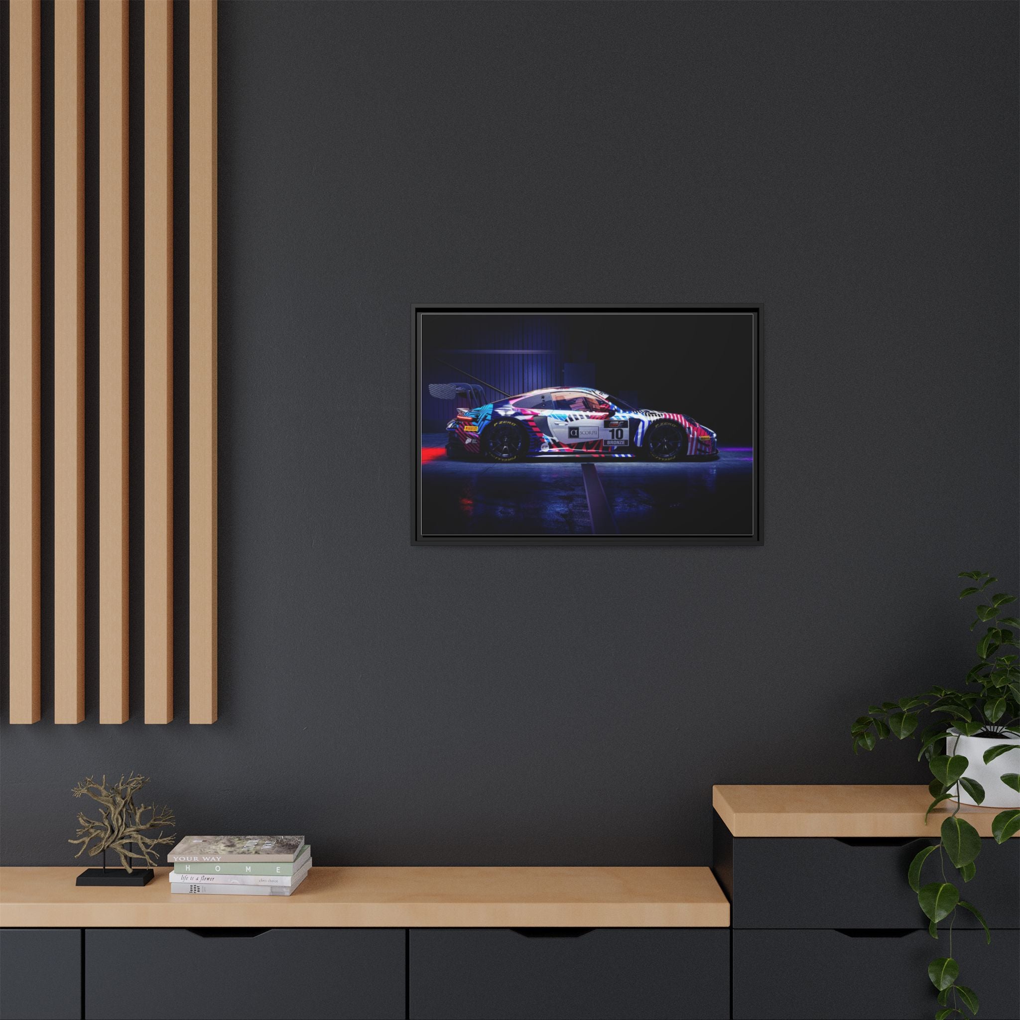 Framed Matte Canvas Print — Neon Racecar Wall Art