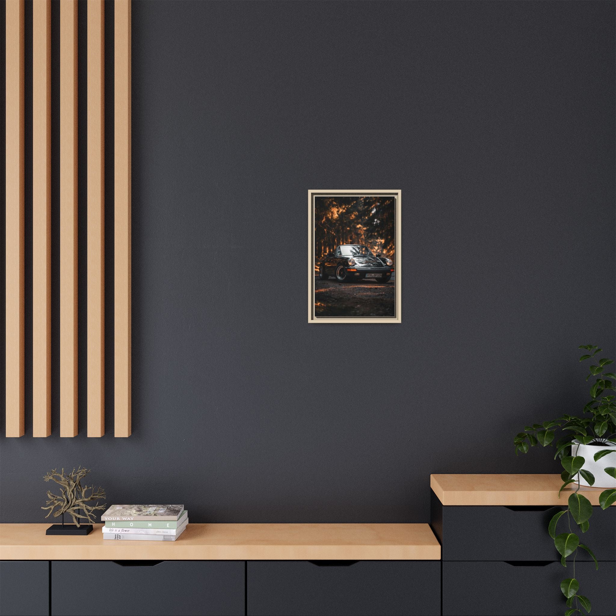 Framed Matte Canvas Print — Vintage Black Porsche in Autumn Forest