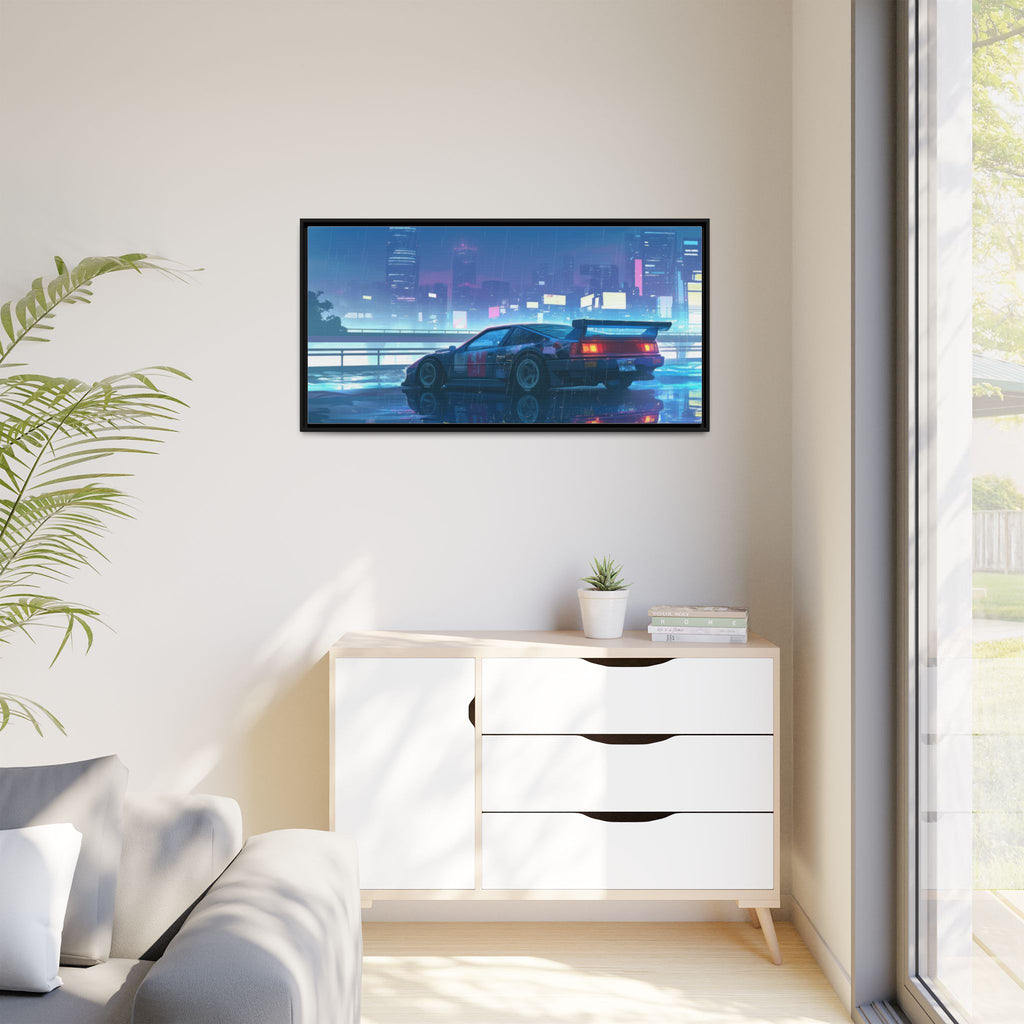Retro Neon City Car Matte Canvas Print — Framed Wall Art