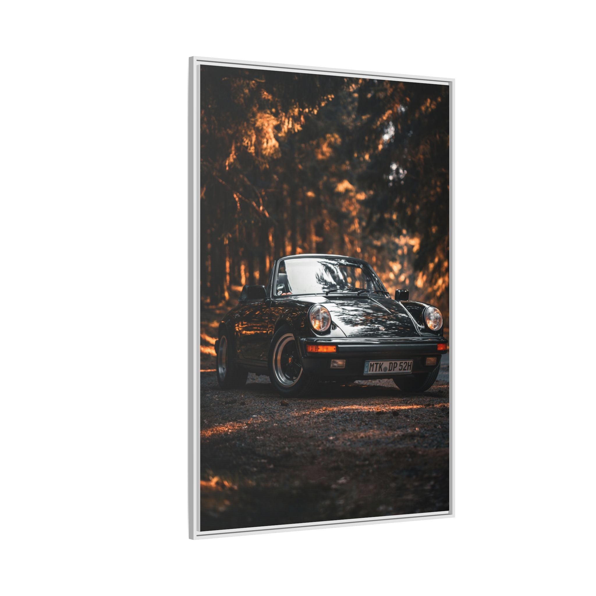 Framed Matte Canvas Print — Vintage Black Porsche in Autumn Forest
